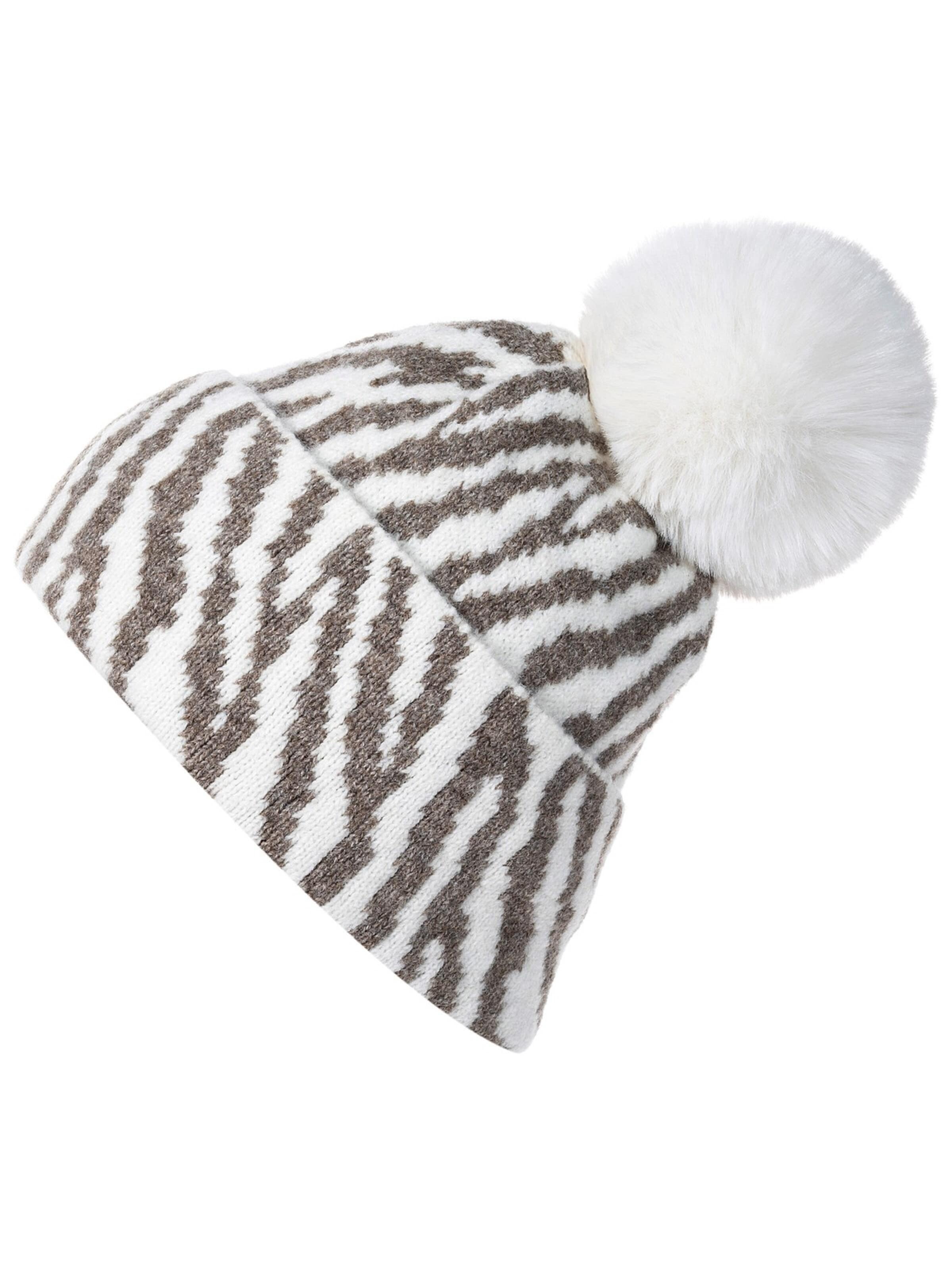 styleBREAKER Mütze 'Strick Bommelmütze mit Zebra Muster'‌‌‌‌‌‌‌‌ in Beige: Vorderseite