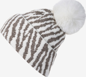 styleBREAKER Mütze 'Strick Bommelmütze mit Zebra Muster' in Beige: Vorderseite