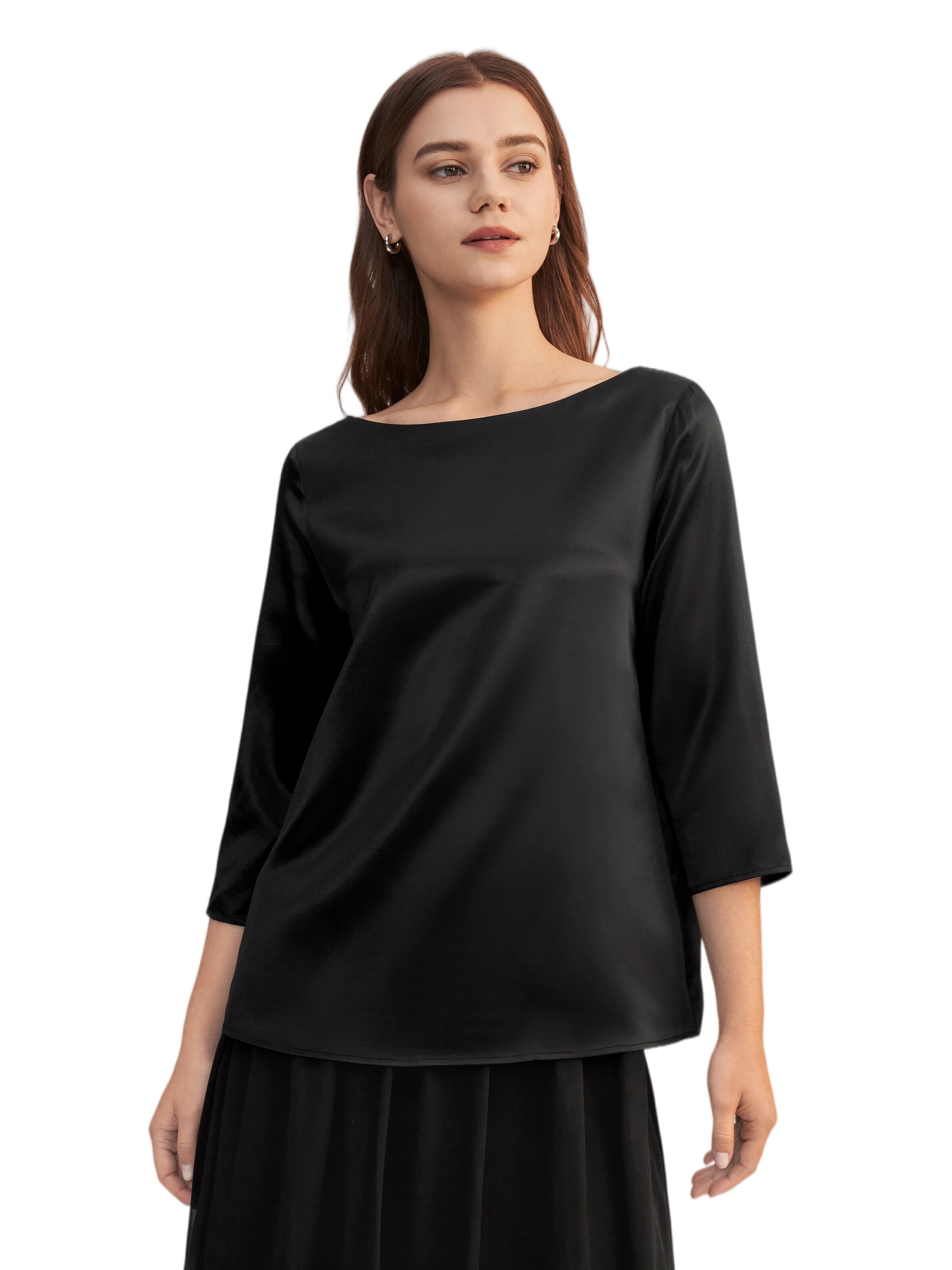 Lilysilk Blouse '3/4 Ärmel Seidenbluse mit Boot-Hals' in Zwart