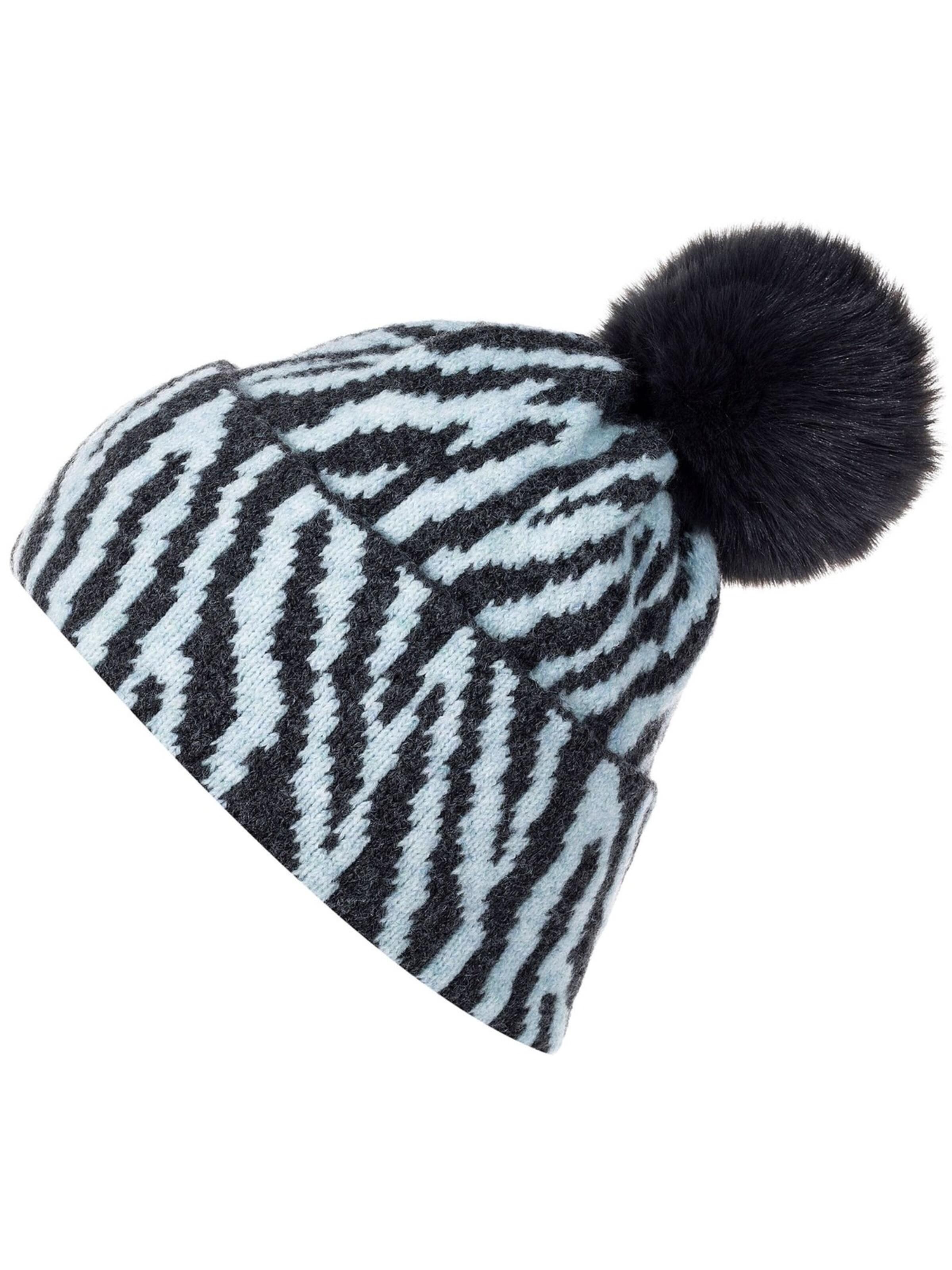 styleBREAKER Mütze 'Strick Bommelmütze mit Zebra Muster'‌‌‌‌‌‌‌‌ in Blau: Vorderseite