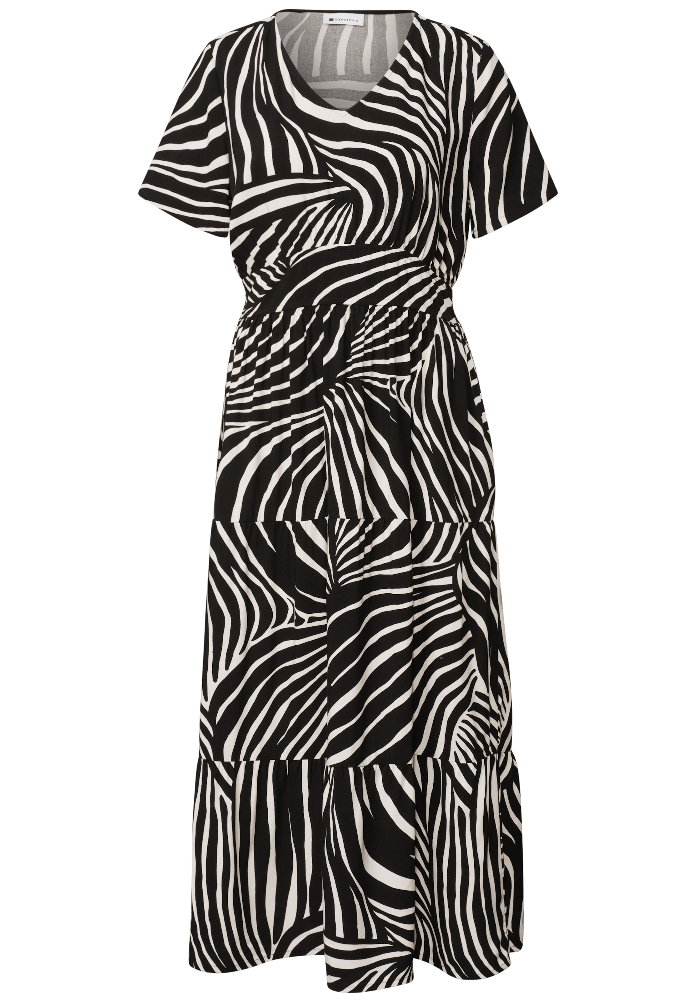STREET ONE Midi-Kleid mit Print und Smok-Detail in Schwarz: Vorderseite