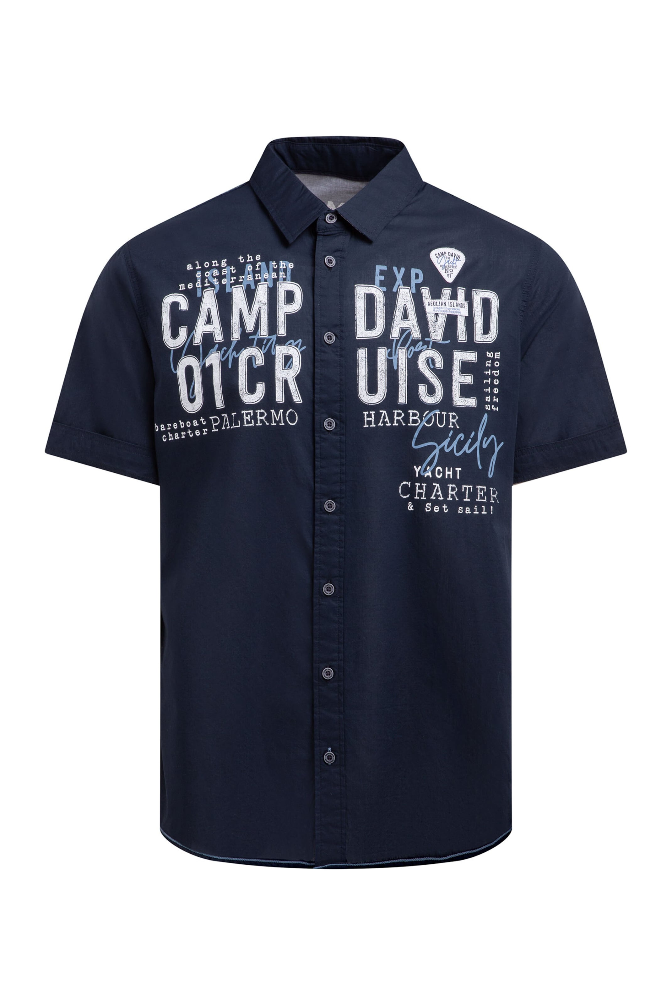CAMP DAVID Regular Fit Leichtes Kurzarmhemd mit Logo Artwork in Blau: Vorderseite