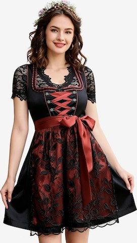 KoJooin Dirndl 'Damen Dirndl 3-Teiler Satinrock Glanzeffekt,Spitzenbluse Spitzenschürze für Oktoberfest,Karneval' w kolorze czarny: przód