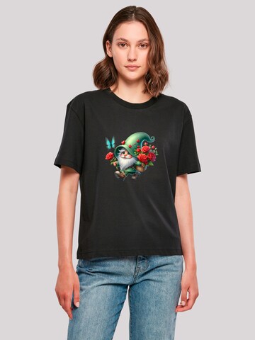 F4NT4STIC Shirt 'Gnom Frühling Blumen Schmetterling' in Zwart: voorkant