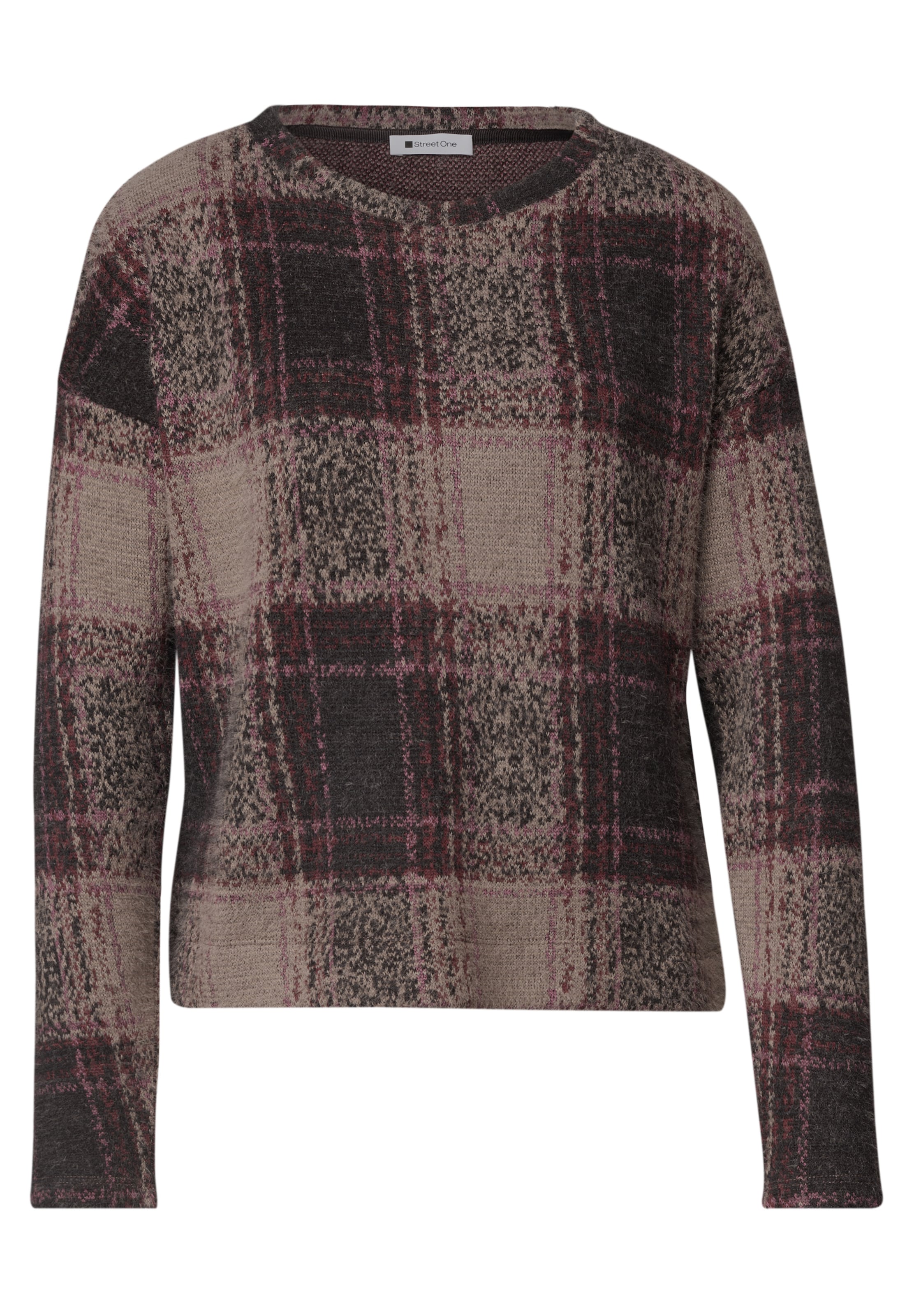 STREET ONE Langarm Shirt mit Rundhals und Karomuster in XS in braun, Produktansicht