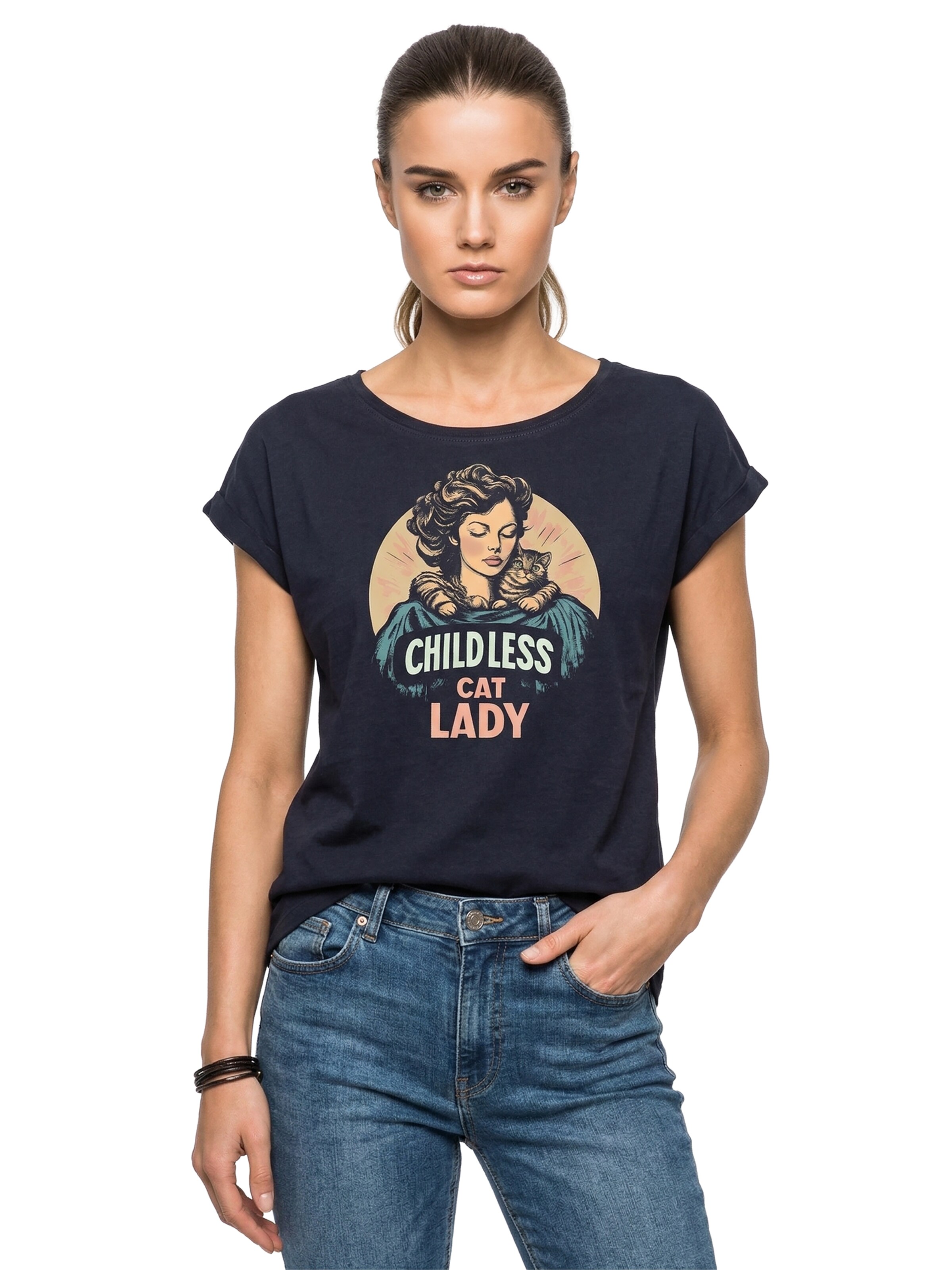 MAKAYA Shirt 'Childless Cat Lady' in Blue: front