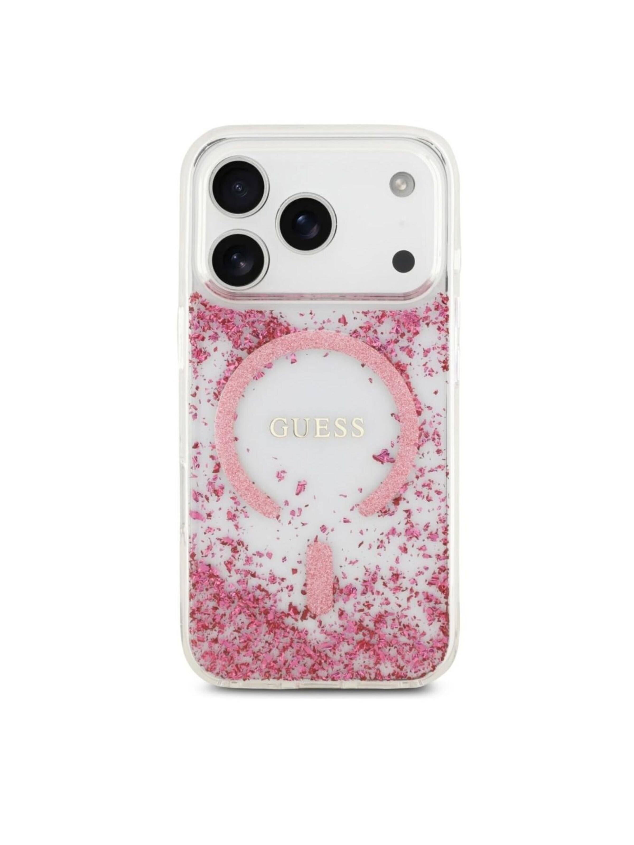 GUESS Smartphonehoesje 'GUESS MagSafe Resin Bottom Glitter for iPhone 17 Pro' in Roze: voorkant