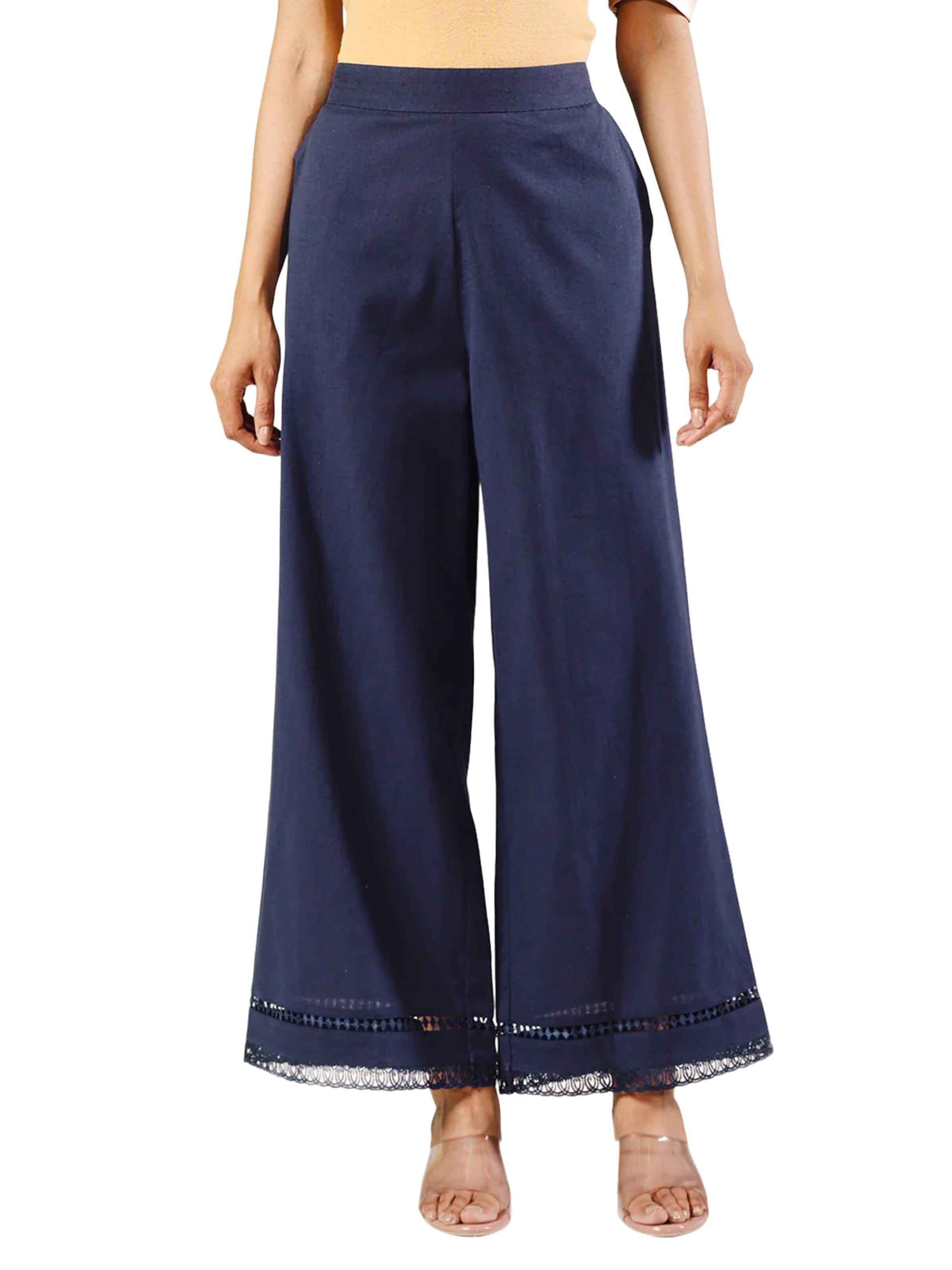PfauGermany Wide leg Pants 'Women's White Cotton Solid Palazzo with Lace' in Blue: front