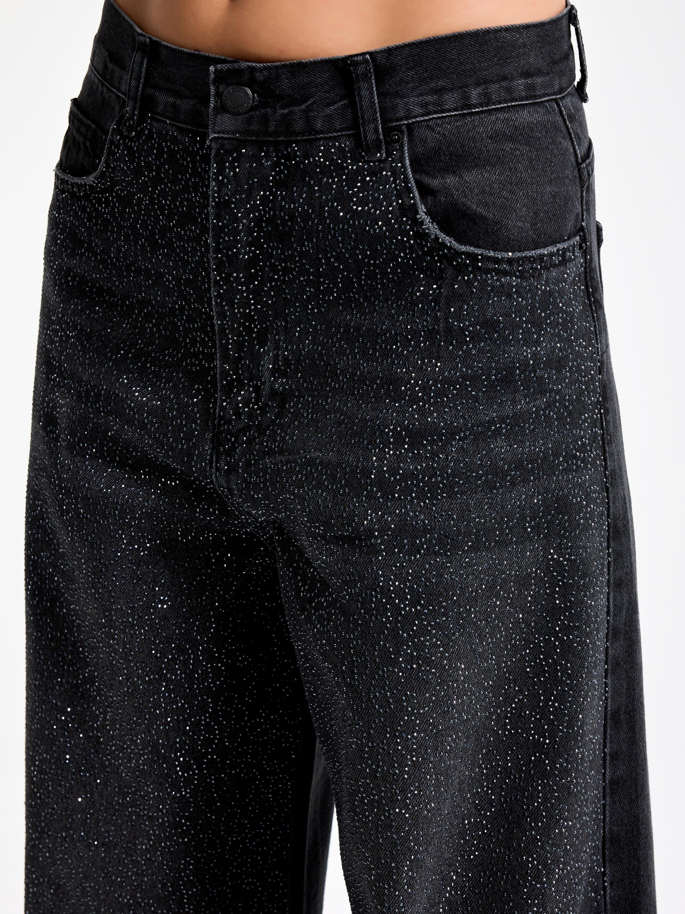 IT'S BASIC Loose fit Jeans 'RHINESTONE MID RISE LOOSE JEANS' in Black