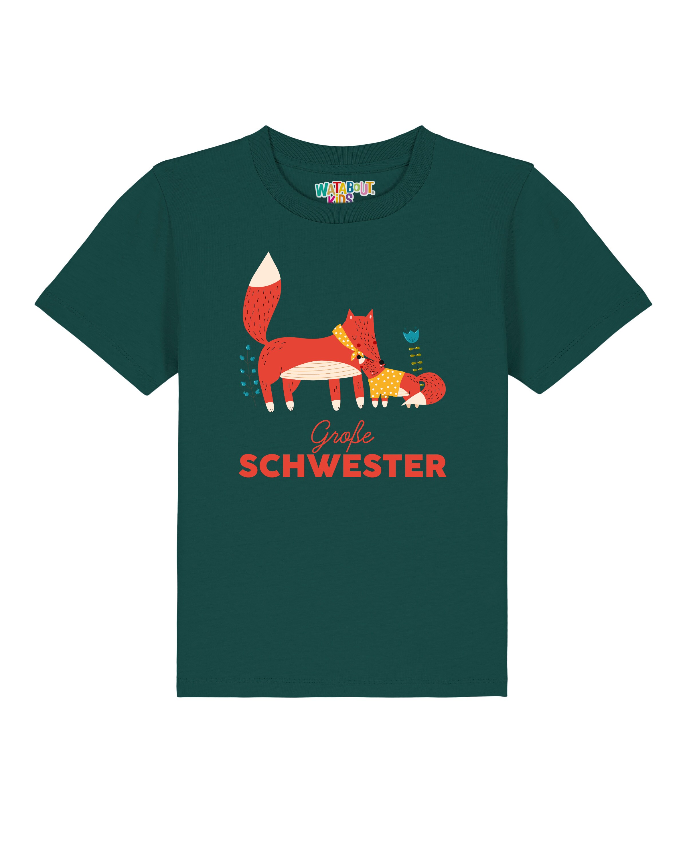 watabout.kids T-Shirt 'Fuchs Große Schwester' en jaune / vert foncé / orange / blanc, Vue avec produit