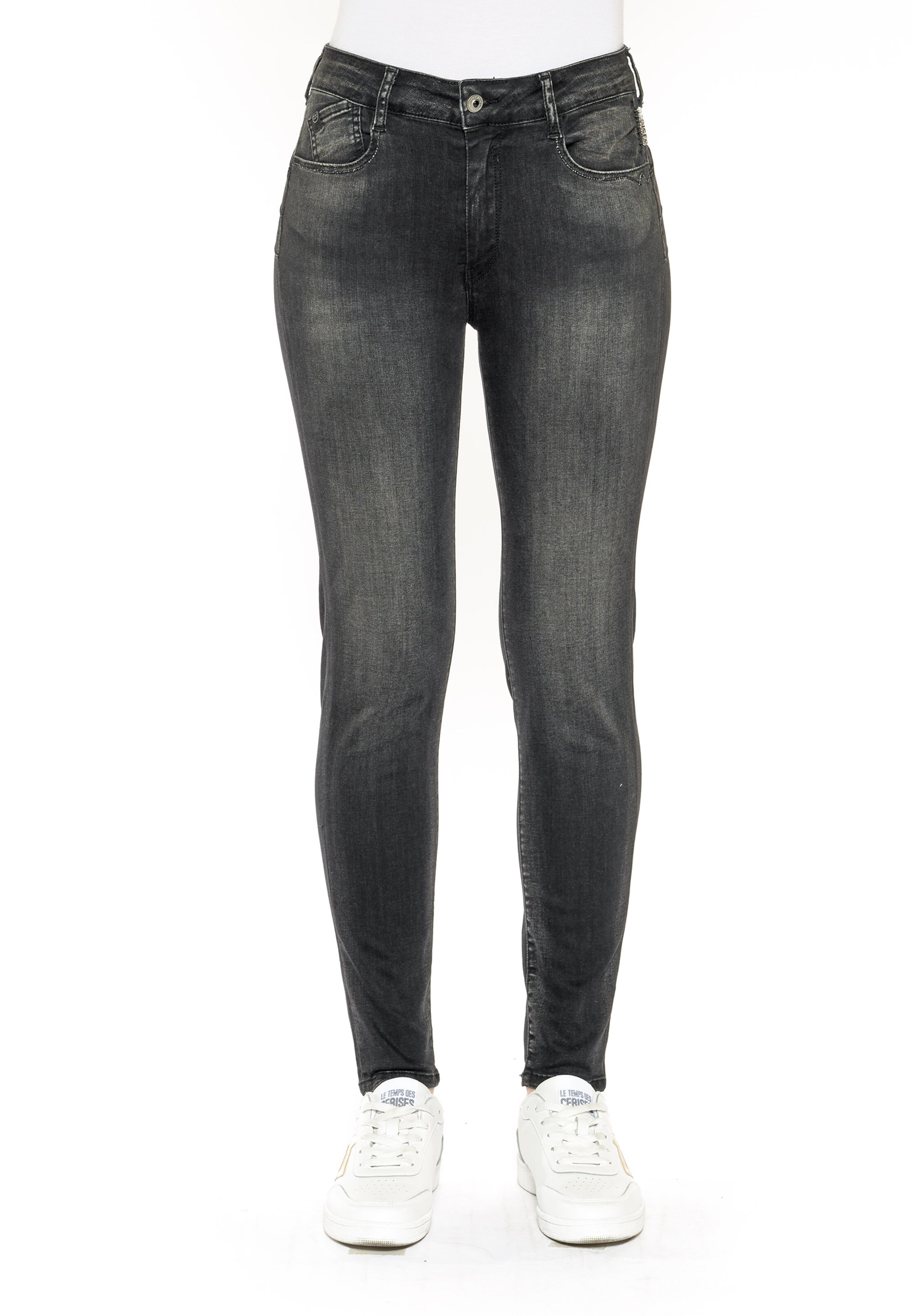 Le Temps Des Cerises Slimfit Jeans 'Pulphigc' in Zwart: voorkant