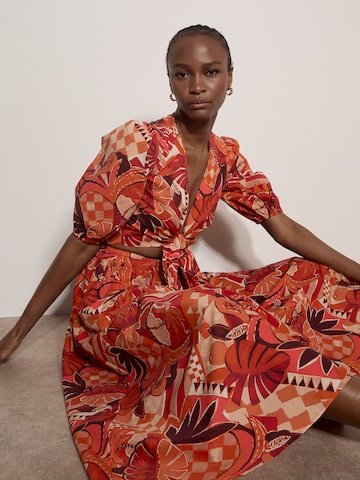 Apricot Tropical Leaf Patchwork Cotton Midi Skirt ' ' in Rot