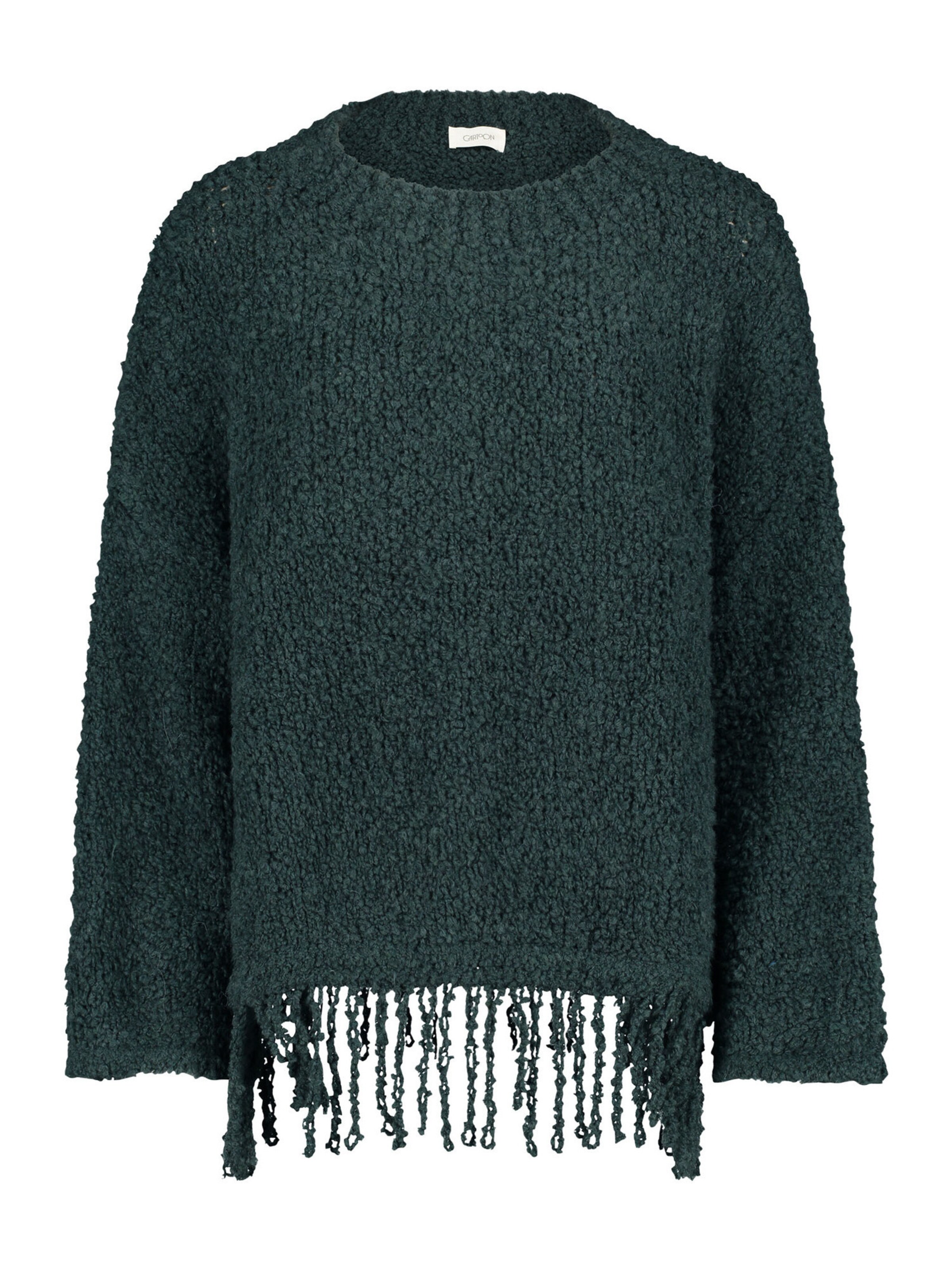 Cartoon Strickpullover mit Fransen in Grün: Vorderseite