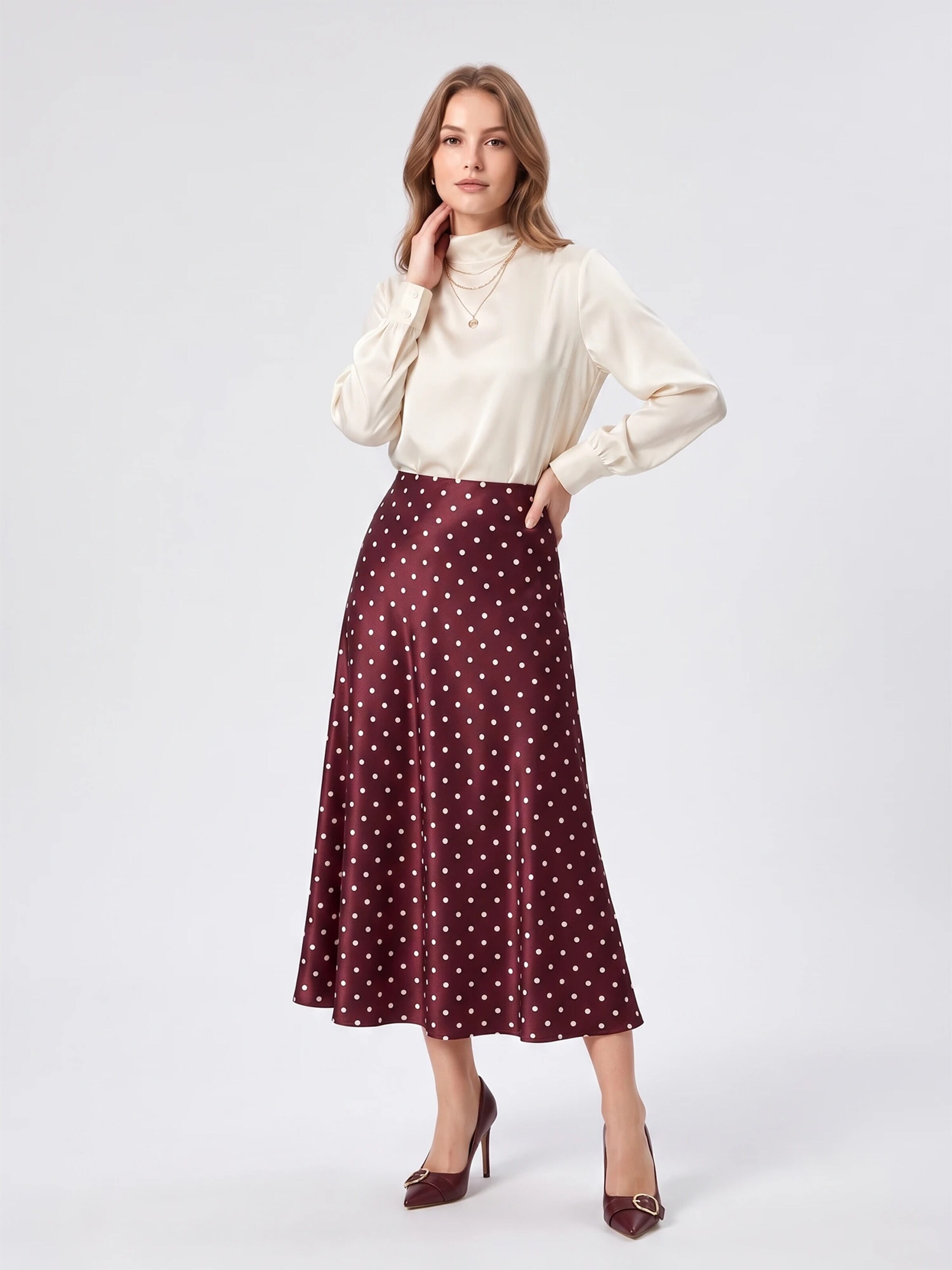 TorWeit Rok 'Women's Polka Dot Elastic Waist Maxi Skirt' in Rood
