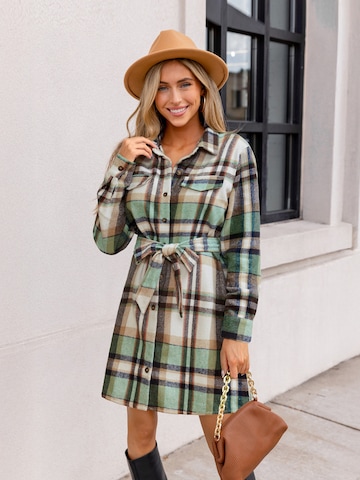 Cupshe - Vestidos camiseiros 'Plaid Collared Long Sleeve' em verde
