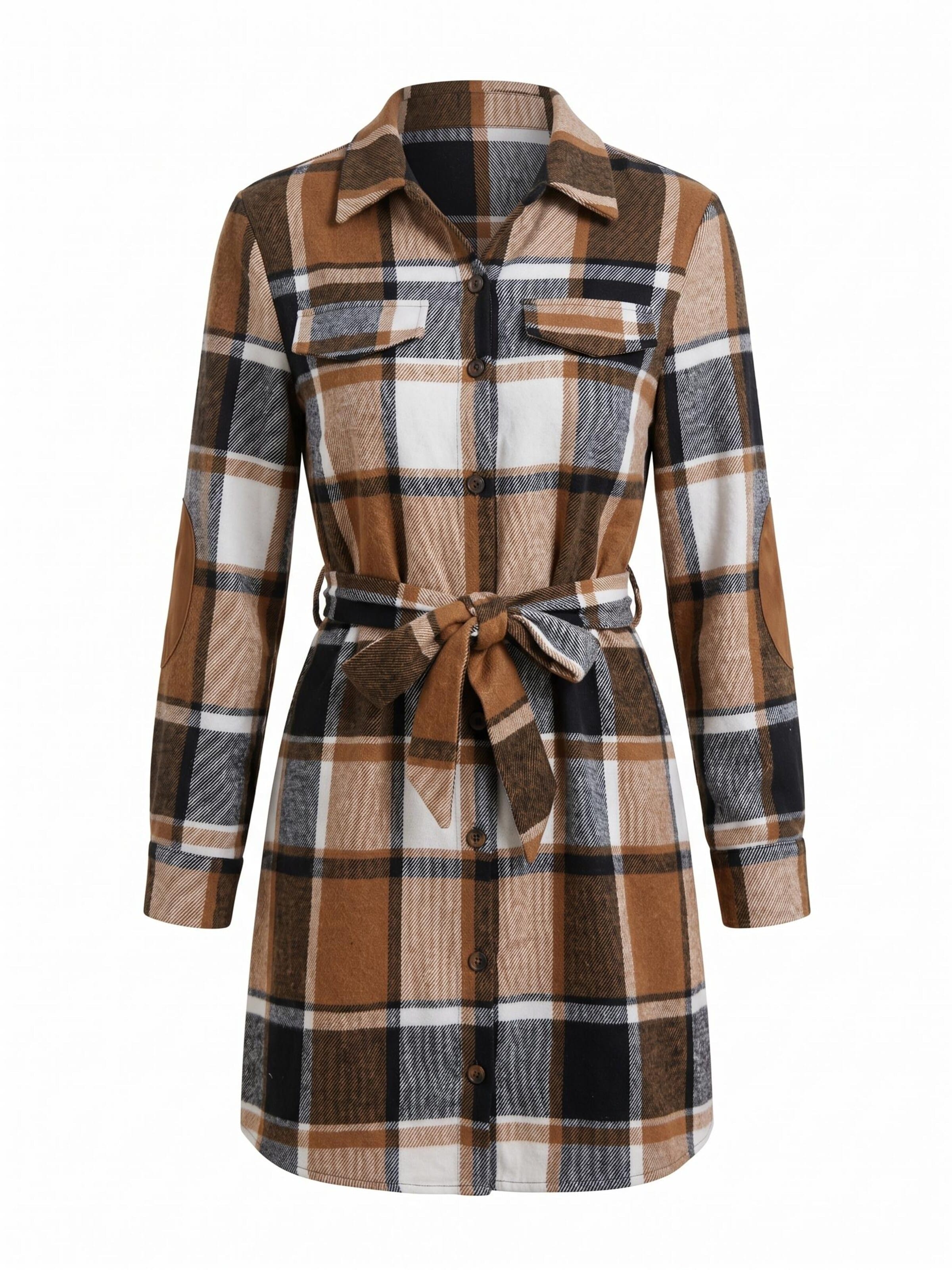 Cupshe - Vestidos camiseiros 'Plaid Collared Long Sleeve' em castanho: frente