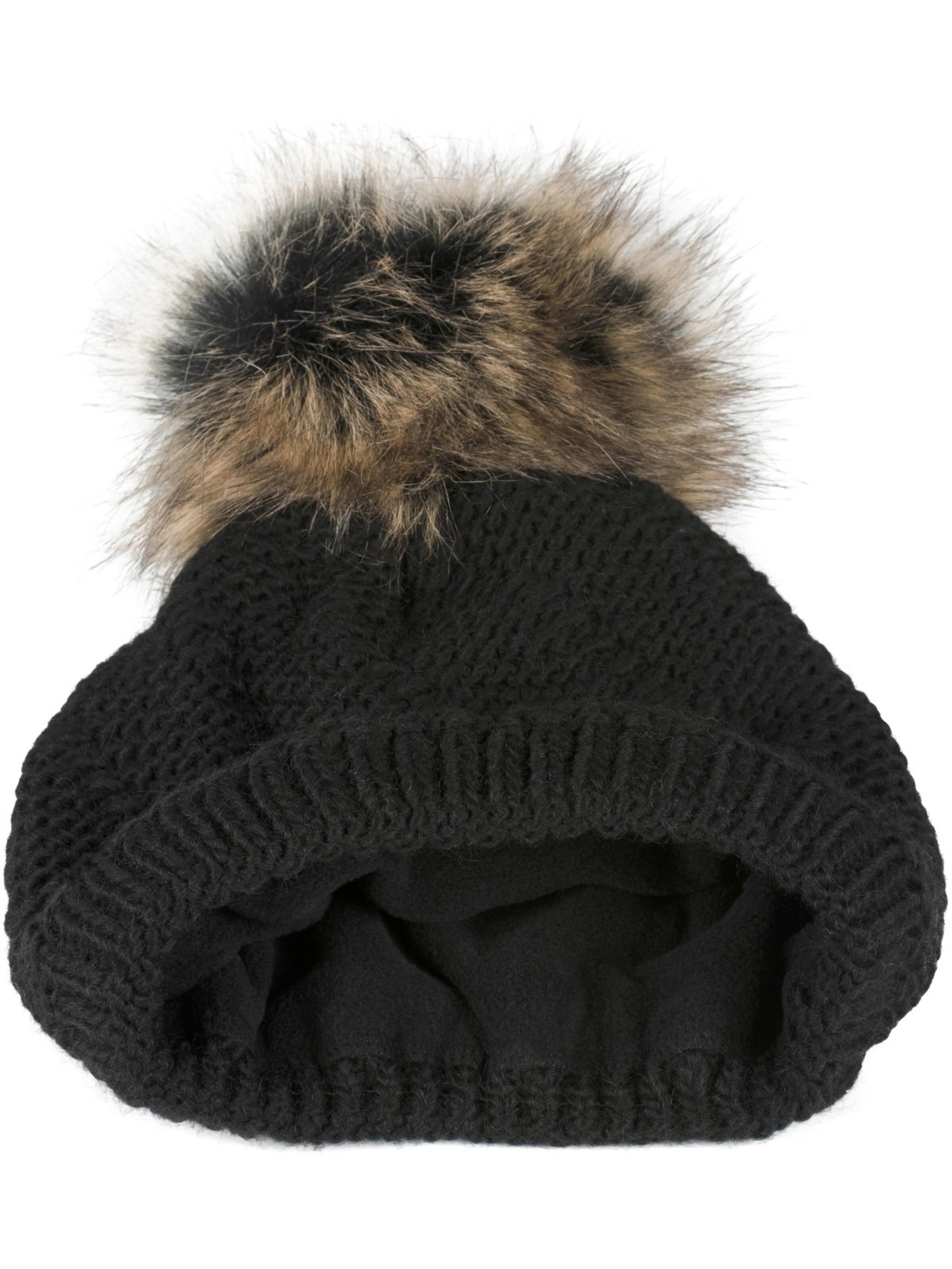 styleBREAKER Mütze 'Einfarbige Strick Bommelmütze mit Thermo-Fleece'‌‌‌‌‌‌‌‌ in Schwarz