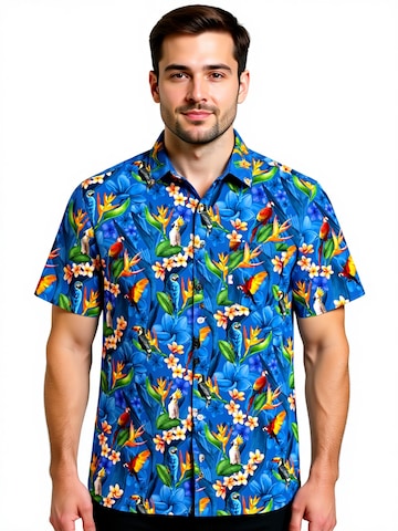 Hawaiihemdshop.de Regular fit Overhemd 'Flower Parrots' in Blauw
