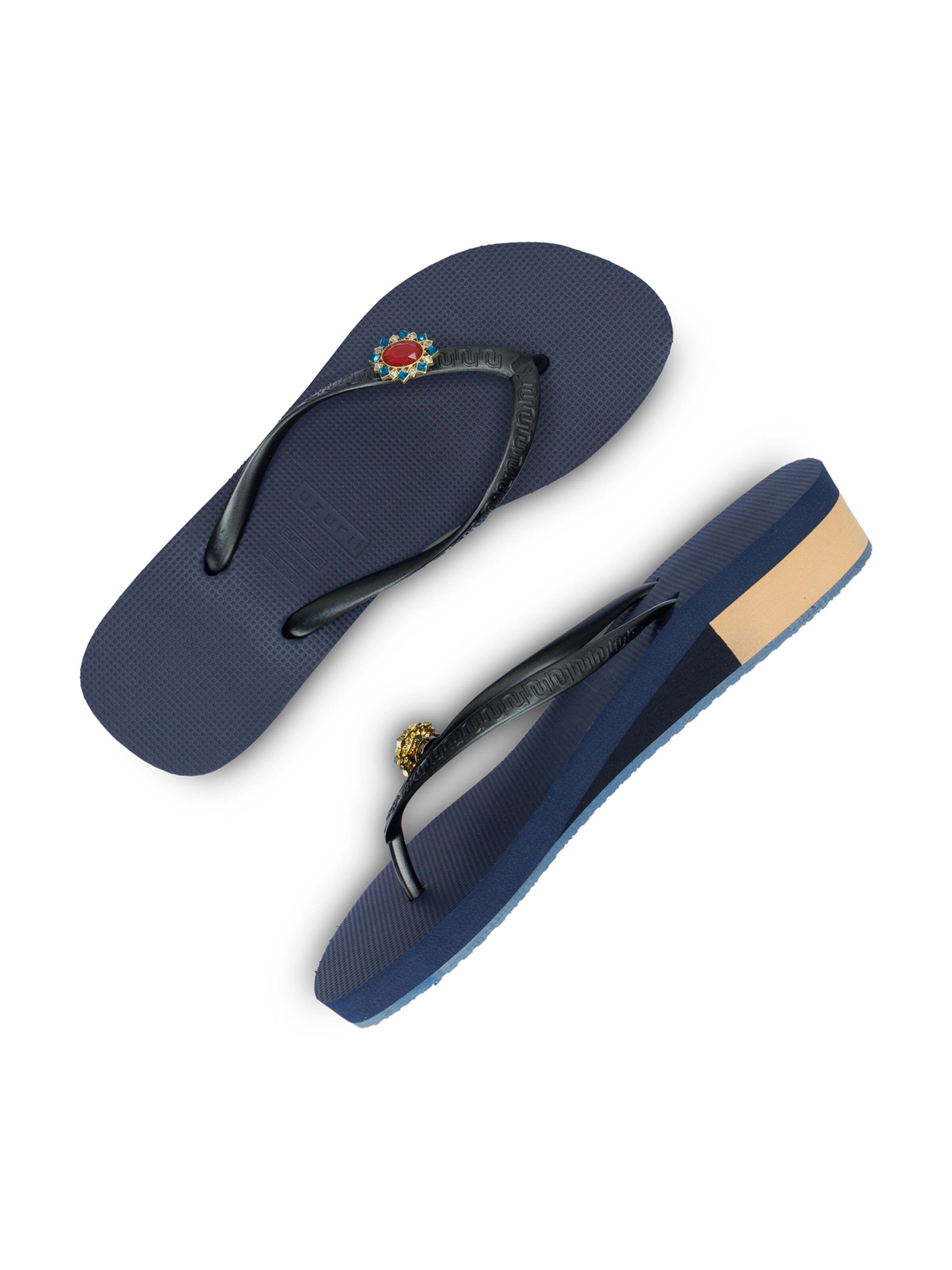 Uzurii Luxury Footwear T-Bar Sandals 'Block' in Blue: front