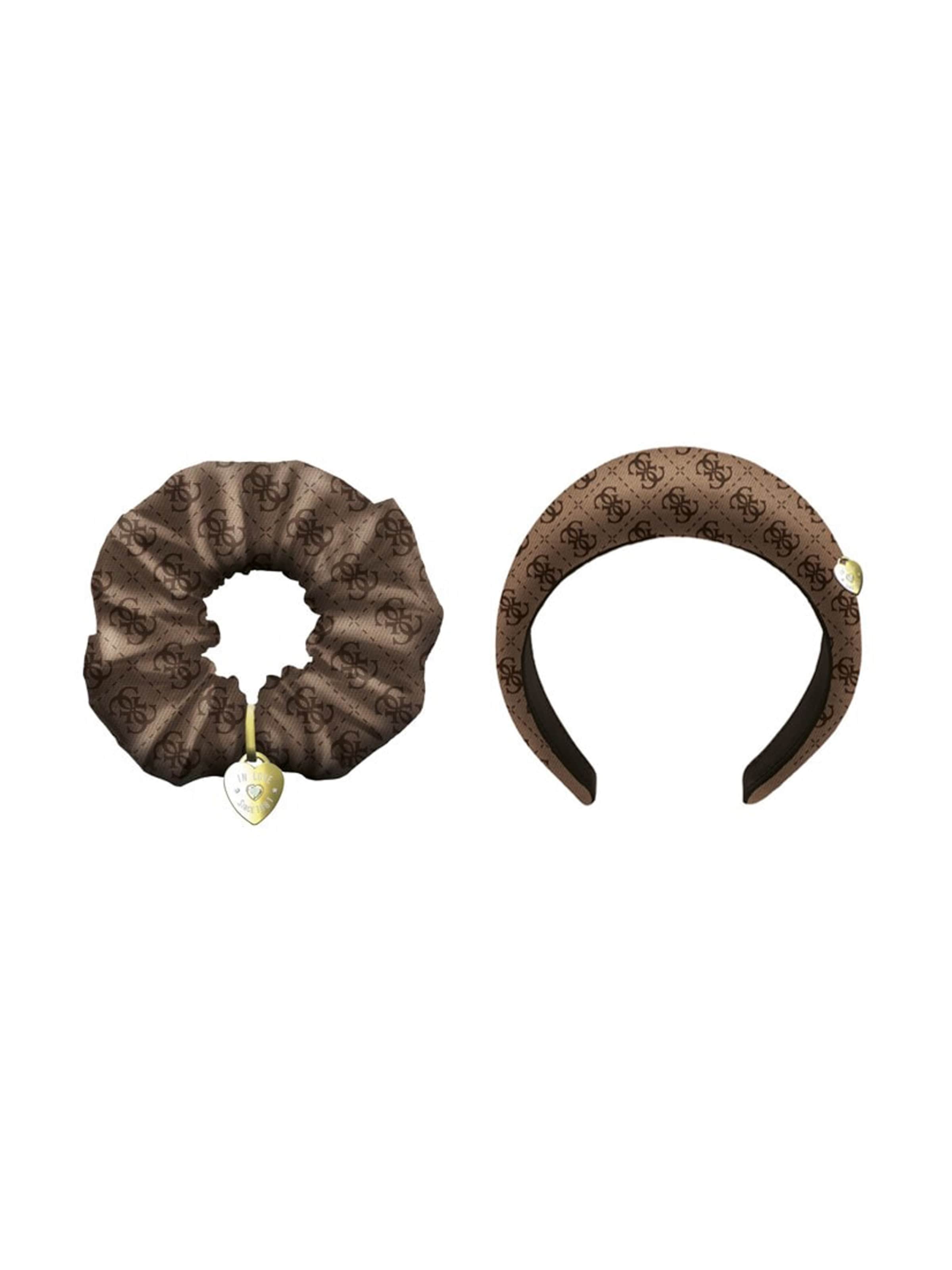GUESS Haarschmuckset: Scrunchie und Haarreif 'NOELLE I' in braun / dunkelbraun / gold, Produktansicht