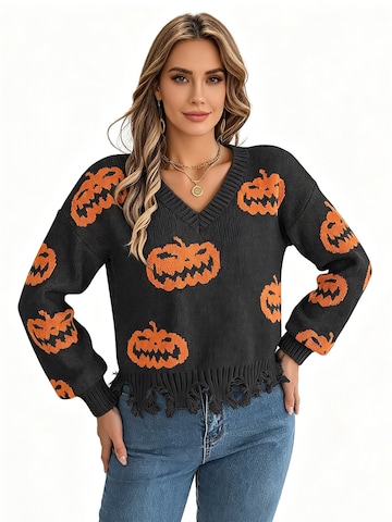 KoJooin Pullover 'Damen V-Ausschnitt Pullover mit Halloween-Kürbis-Motiv Farbkontrast,gestrickter Langarm-Pullover'‌‌‌‌‌‌‌‌‌ in Schwarz