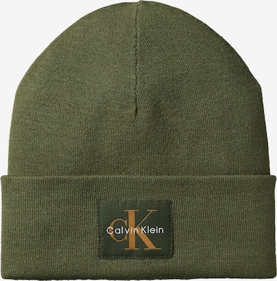 Megzta kepurė iš Calvin Klein, spalva – tamsiai ruda / alyvuogių spalva / balta, Prekių apžvalga