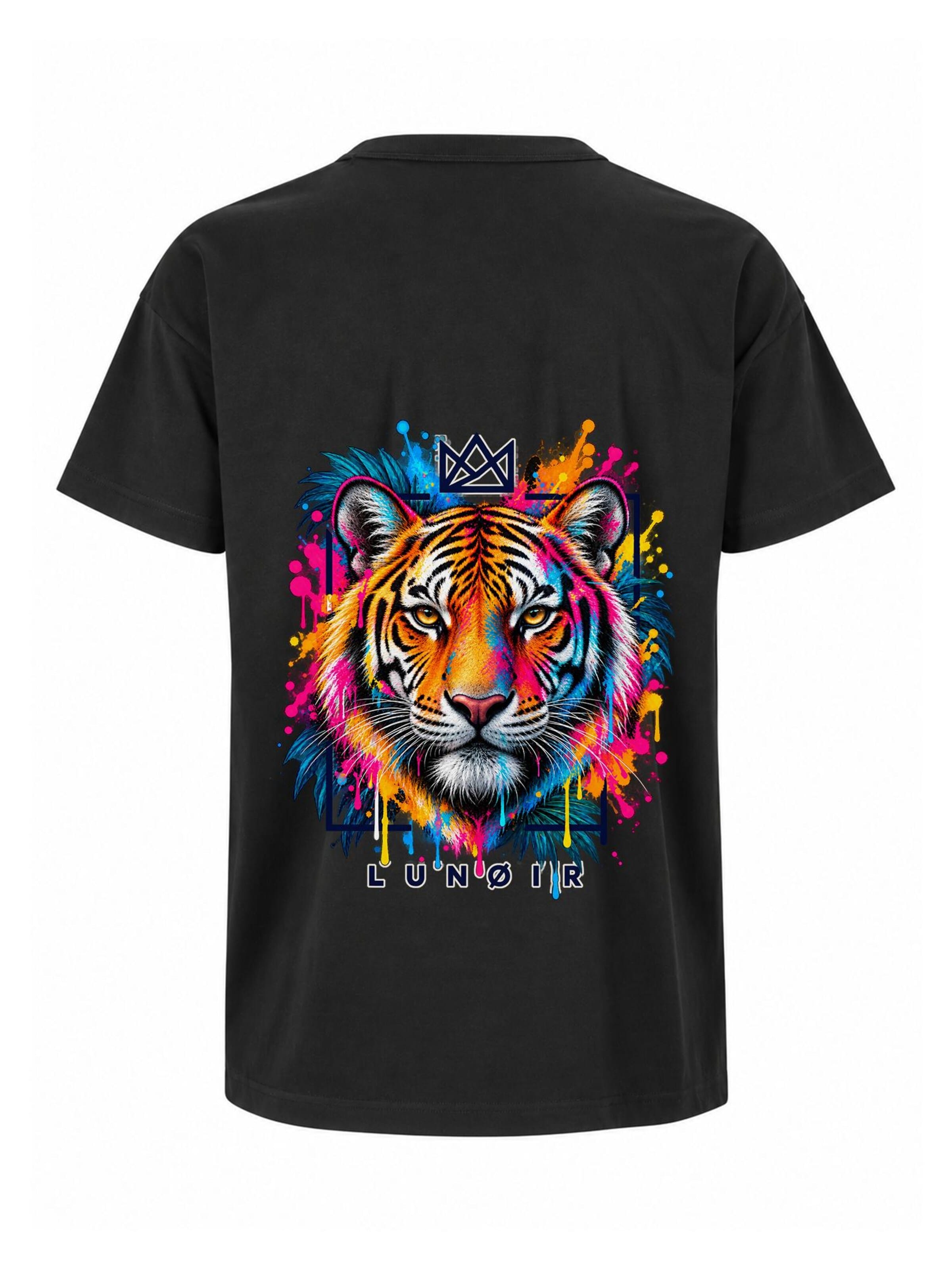 LUNØIR Studio Póló 'Tropical Riot – Wild Crown Tiger' - fekete: elől
