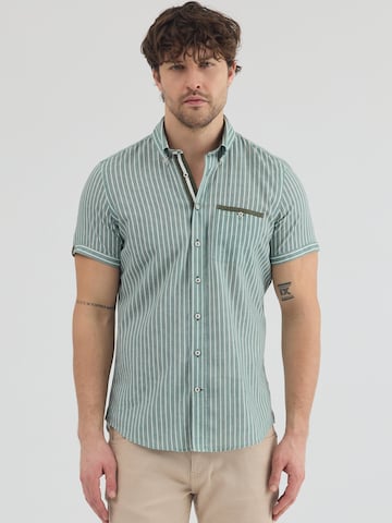 7Camicie Slim fit Zakelijk overhemd 'Iconic Linen Man Shirt Short Sleeve Green White' in Groen: voorkant