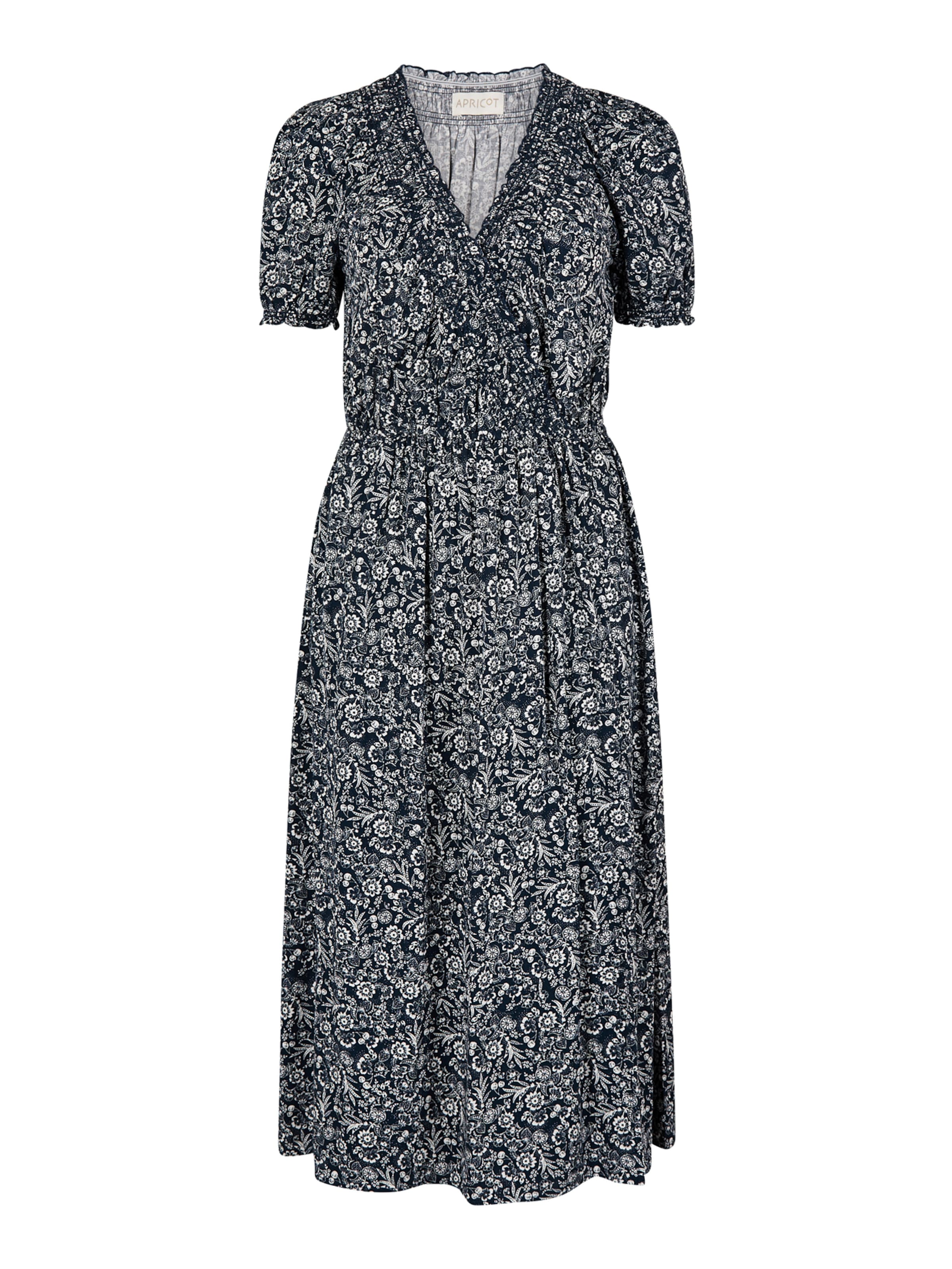 Apricot Floral Fruit Wrap Midi Dress ' ' in Blau: Vorderseite