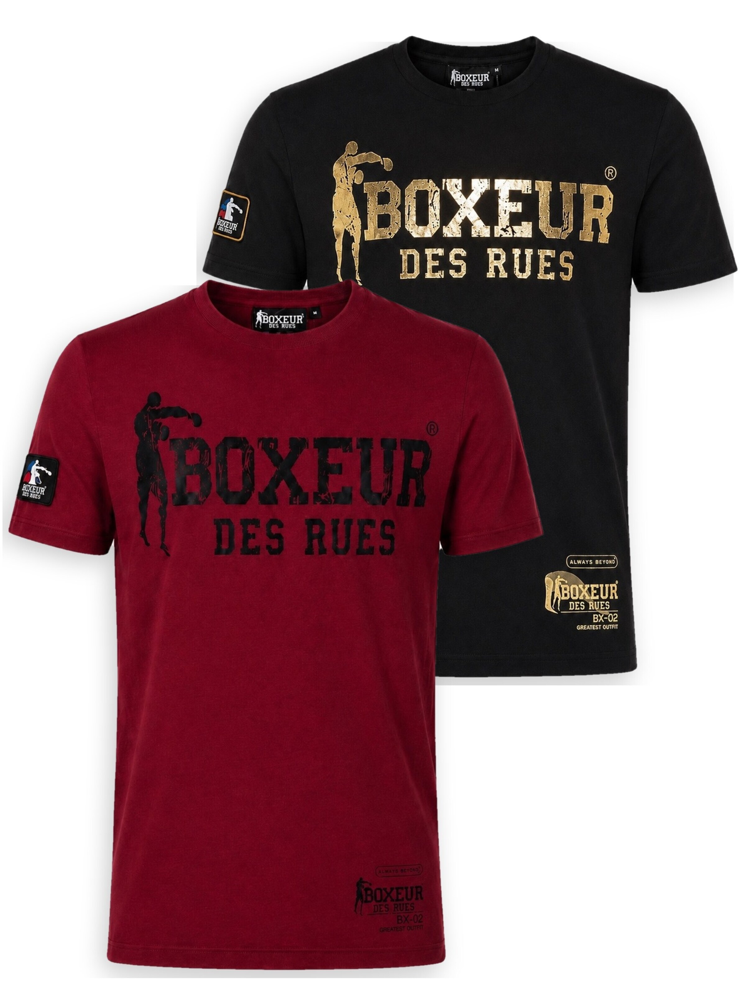 Boxeur des Rues - Camiseta 'Herren T-Shirt 2er-Pack Boxeur des Rues Slim Fit: Bordeaux, Schwarzes Logo + Schwarz, Goldenes Logo' en Mezcla de colores: frente