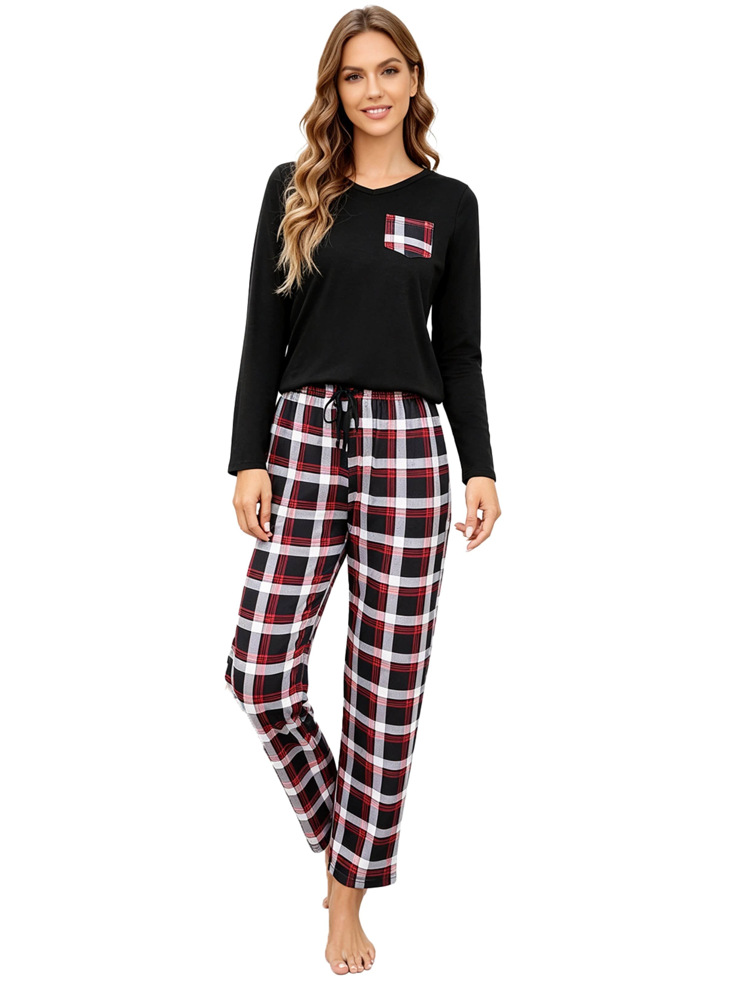 KoJooin Piżama 'Damen Weihnachts-Pyjama-Set im Karierten Design Klassische,Langärmelige Loungewear für Familiäre' w kolorze czarny