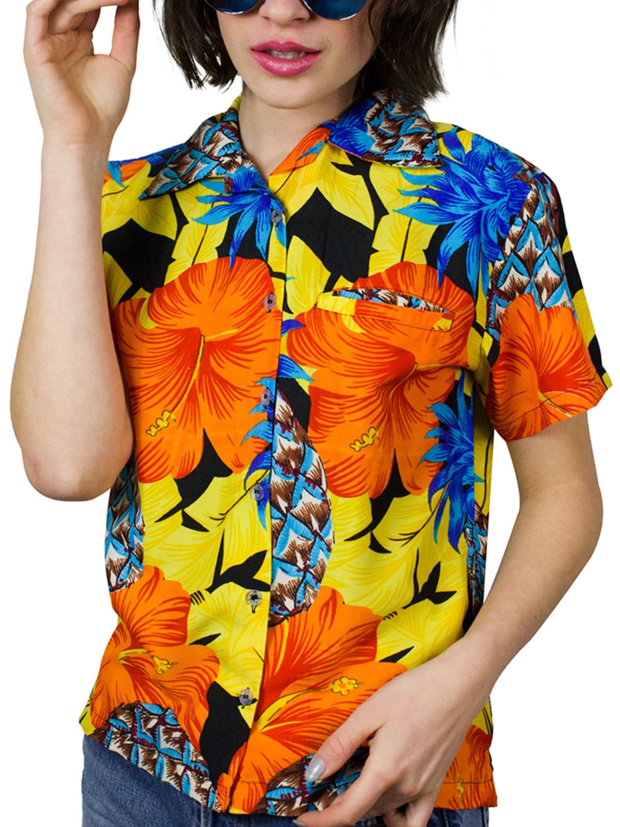 King Kameha Bluse 'Pineapple Hibiscus Black Line'‌‌‌‌ in Gelb