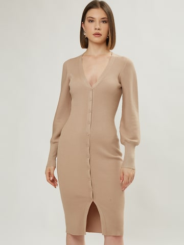 Influencer Stickad klänning i beige: framsida