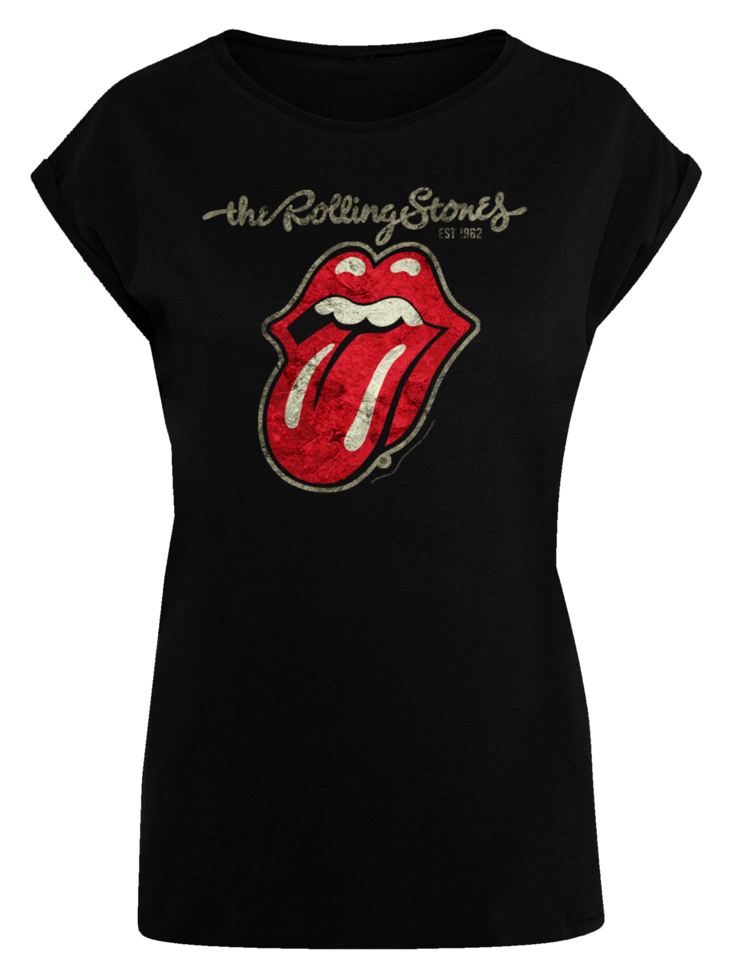 F4NT4STIC Shirt 'The Rolling Stones Plastered Tongue Washed' in Zwart: voorkant