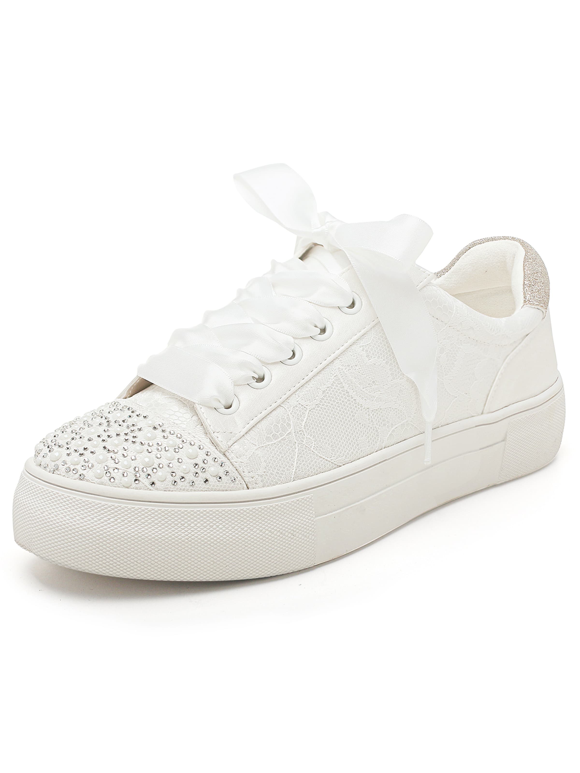 Elivandon Sneaker low '999-4 Weiße Spitze Plateausneaker für Damen, Perlen Strass Satin Schleife Schnürung Brautschuhe Freizeitschuhe'‌‌‌‌ in Beige: Vorderseite