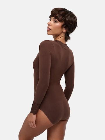 cfab - Body moldeador 'Clean Longsleeve V-Neck with Lace Sculpting Bodysuit with Slip' en marrón