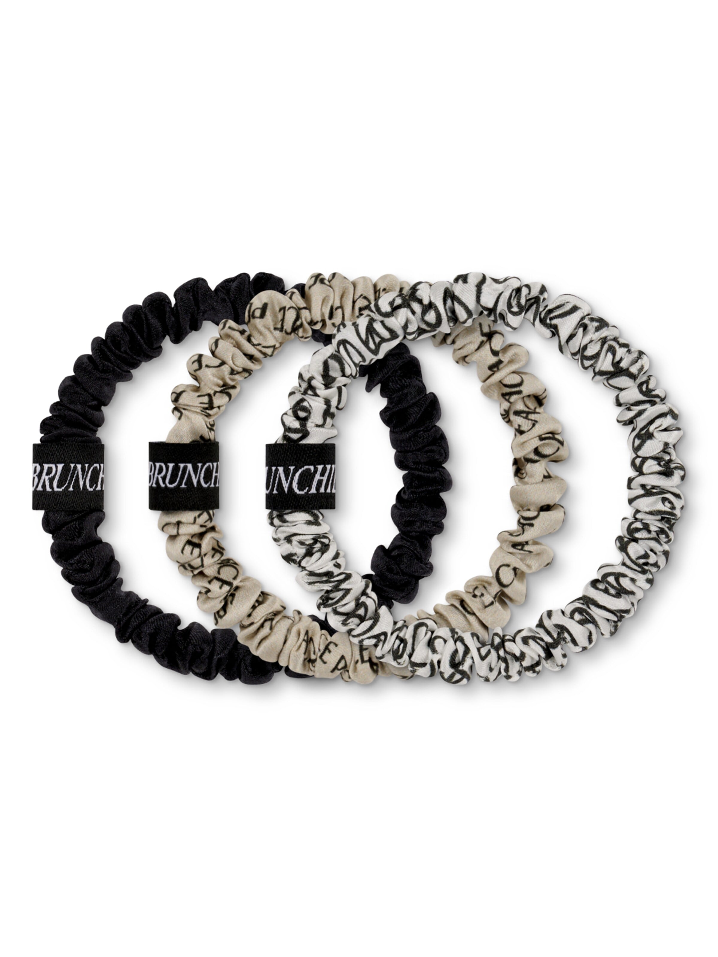 BRUNCHIES® Hair jewelry 'BRUNCHIES® "Peace Edition" Seiden Scrunchies Set aus 3 Haar- & Armbändern – Statement Scrunchies aus Mulberry Silk in edlen Farben' in 10 x 10 cm in Mottled beige / Black / White, Item view