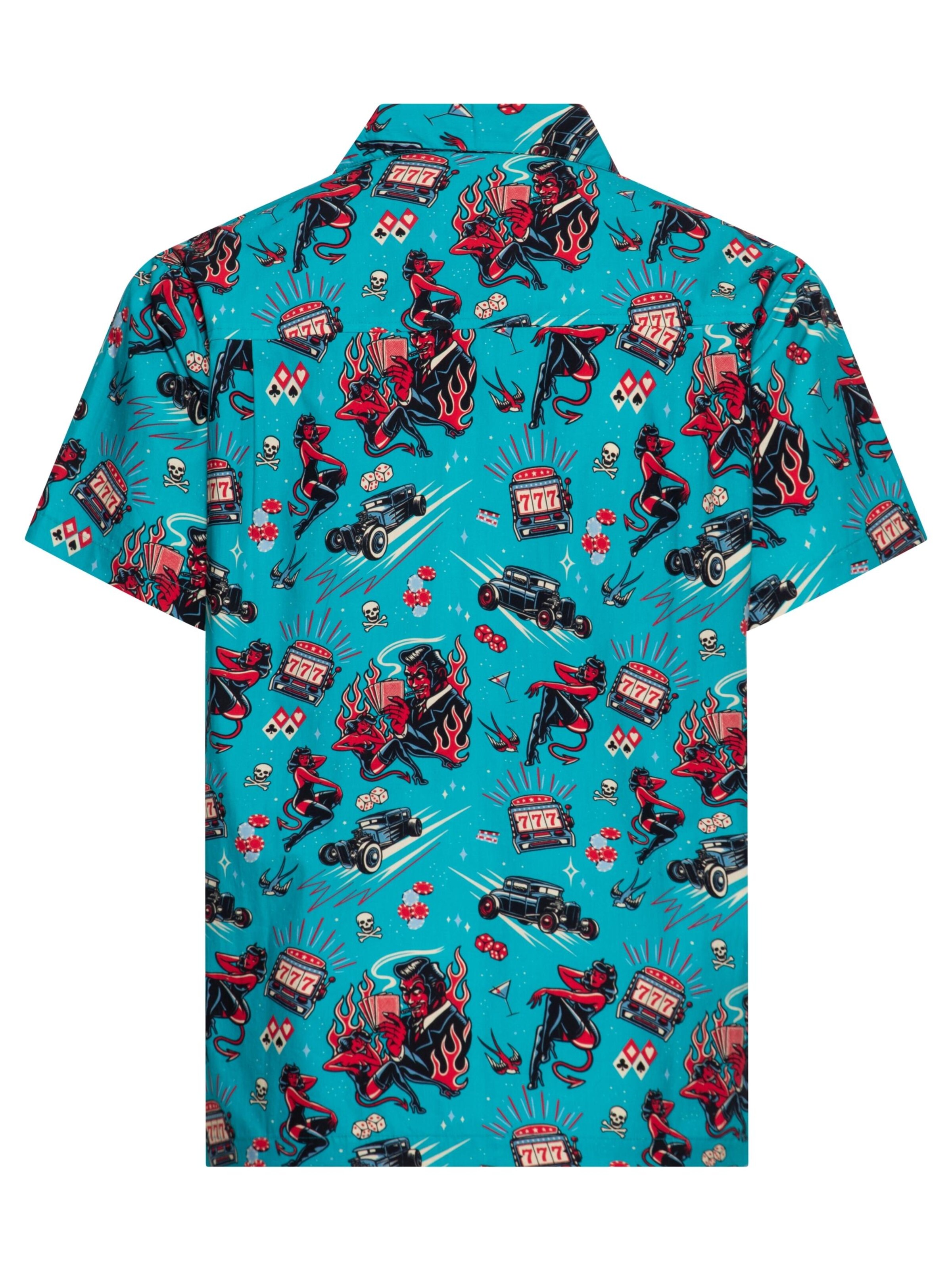King Kerosin Regular fit Button Up Shirt 'Rockabilly Hot Devil' in Blue