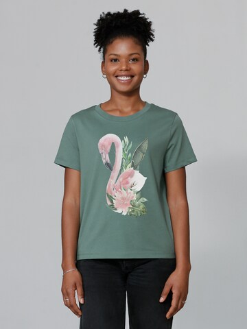 Maglietta ' Flamingo mit Blumen ' di Watapparel in verde: frontale