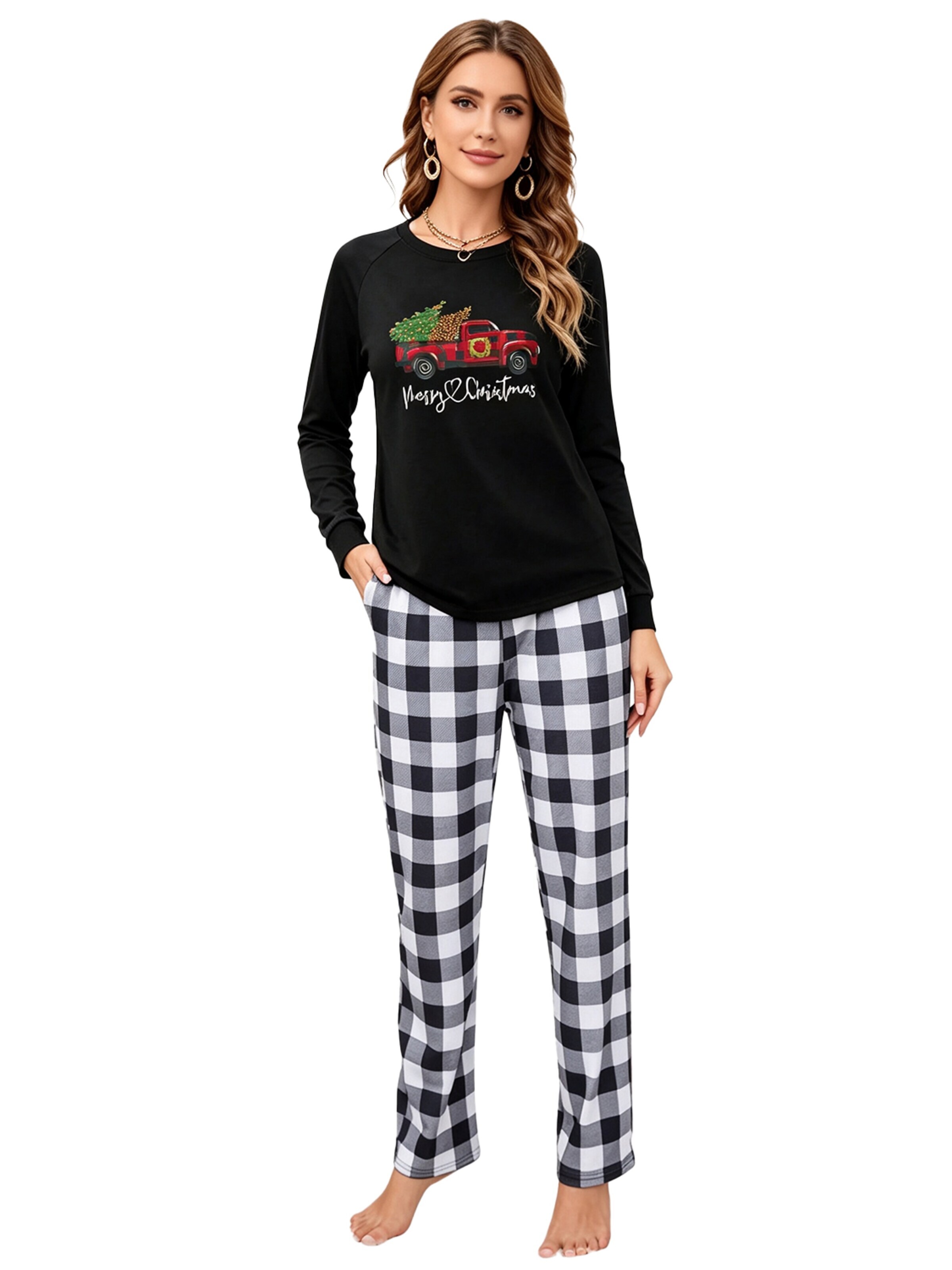 KoJooin Piżama 'Damen Weihnachts-Pyjama-Set im Karomuster Klassische,Langärmelige Loungewear zum Familien-Matching' w kolorze czarny: przód