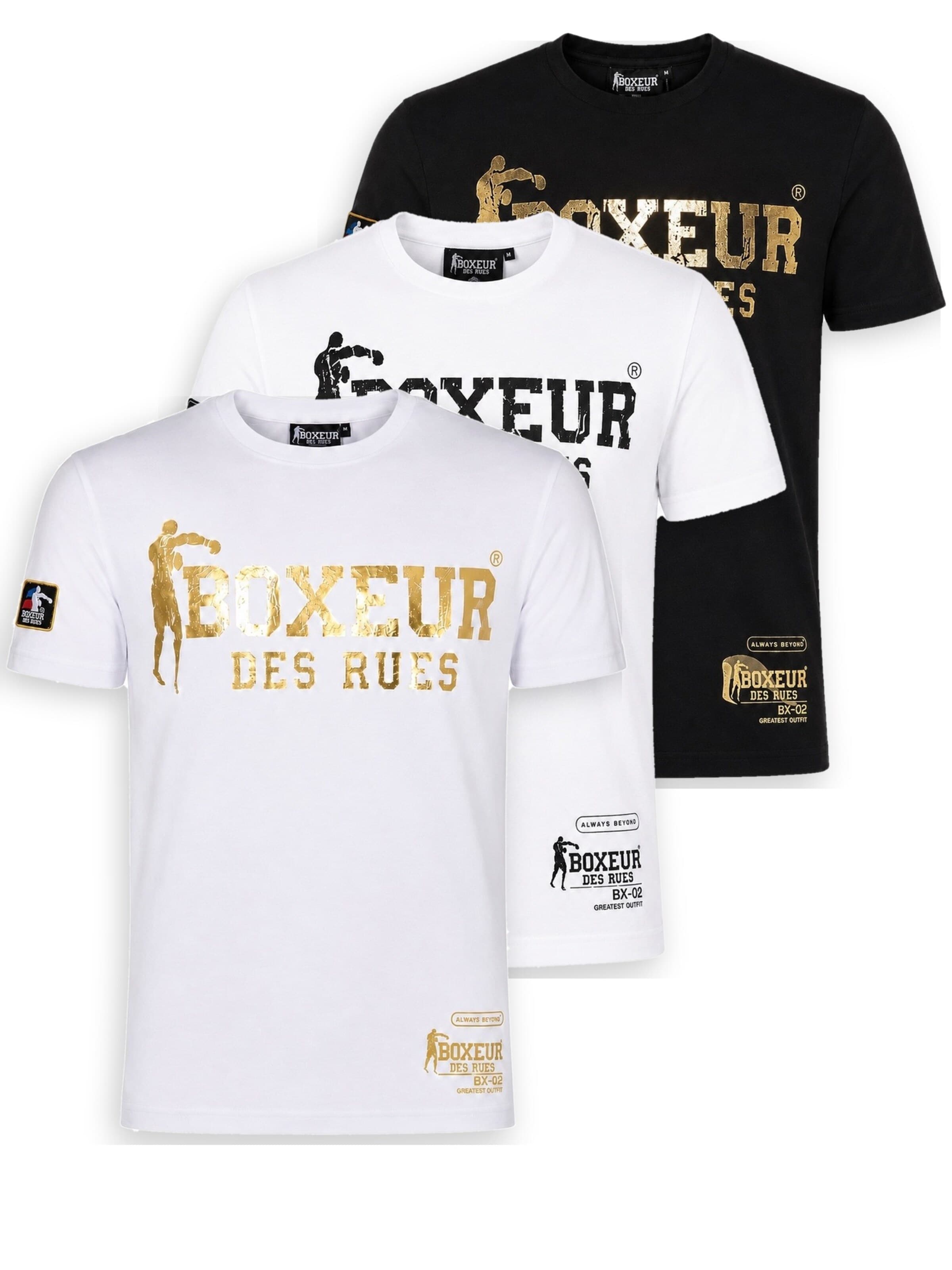 Boxeur des Rues Shirt 'Herren T-Shirt 3er-Pack Boxeur des Rues Slim Fit: Weiß, Goldenes Logo + Weiß, Schwarzes Logo + Schwarz, Goldenes Logo' in Gemengde kleuren: voorkant