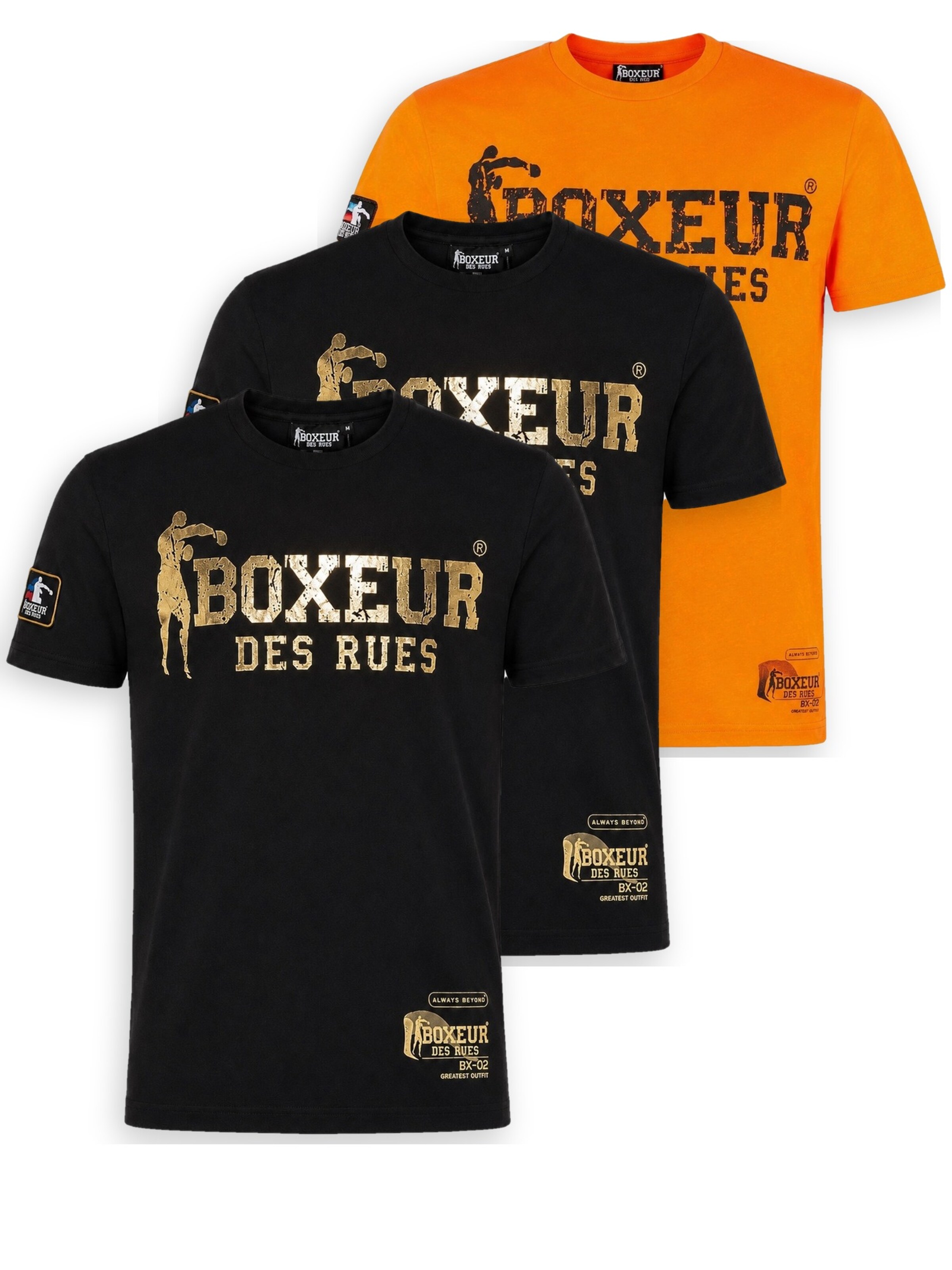 Boxeur des Rues Shirt 'Herren T-Shirt 3er-Pack Boxeur des Rues Slim Fit: 2 x Schwarz, Goldenes Logo + Orange, Schwarzes Logo'‌‌‌ in Mischfarben: Vorderseite