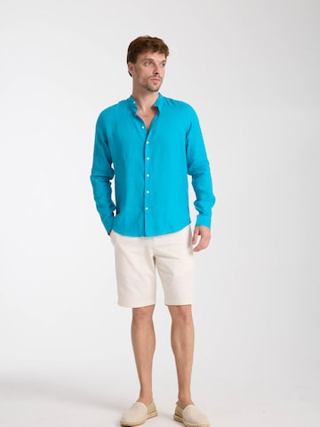 7Camicie Slim fit Zakelijk overhemd 'Caravaggio Linen Man Shirt Green' in Blauw