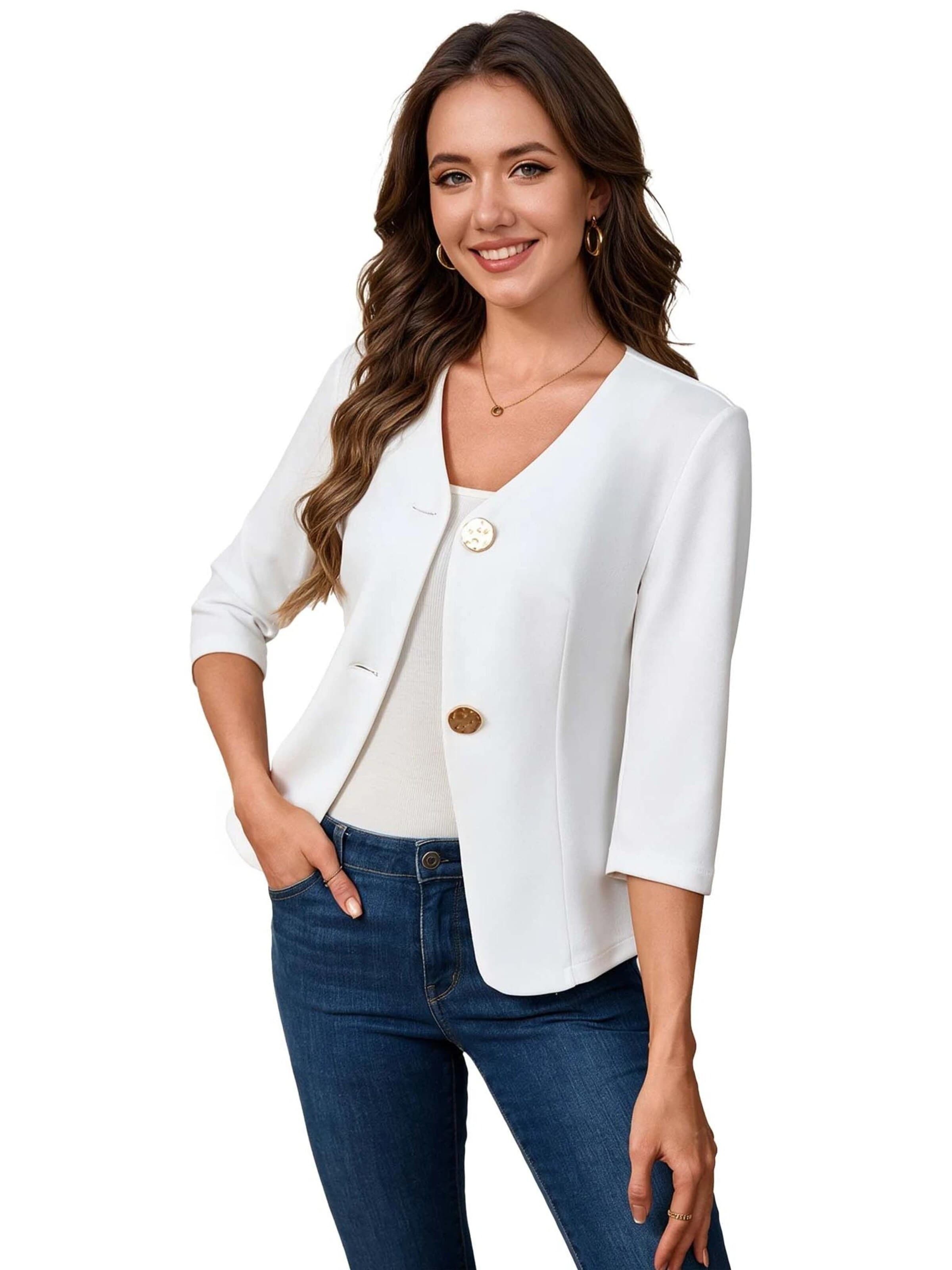 KoJooin Blazer 'Damen-Kurzblazer mit V-Ausschnitt, Metallknopf, Seitenschlitzen und 3/4-Ärmeln'‌‌‌‌‌ in Weiß