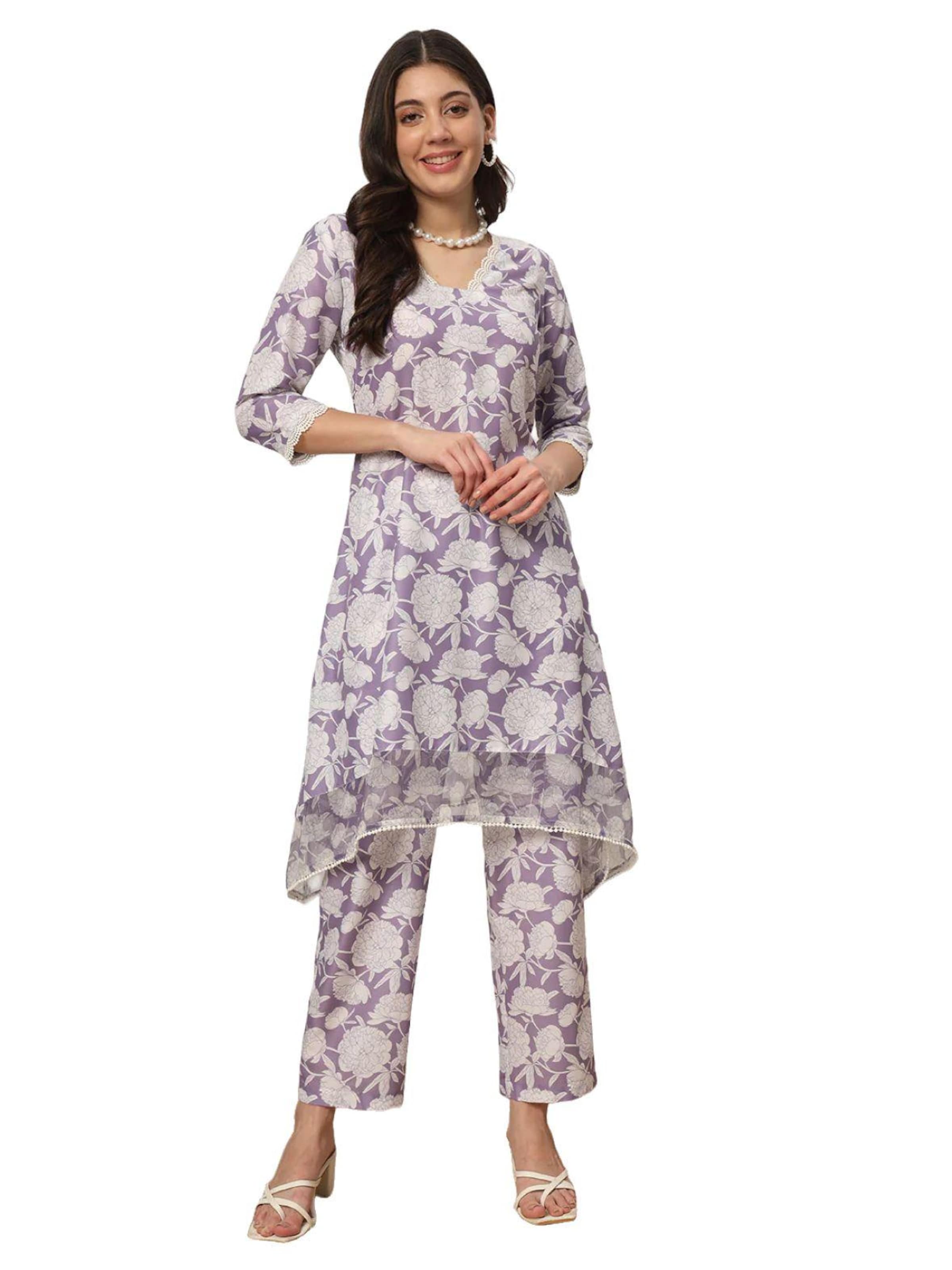 PfauGermany Tunika '2 PCS  Women's  Cotton Printed Co-ord Set'‌‌‌‌‌‌ in S-M in lavendel, Produktansicht