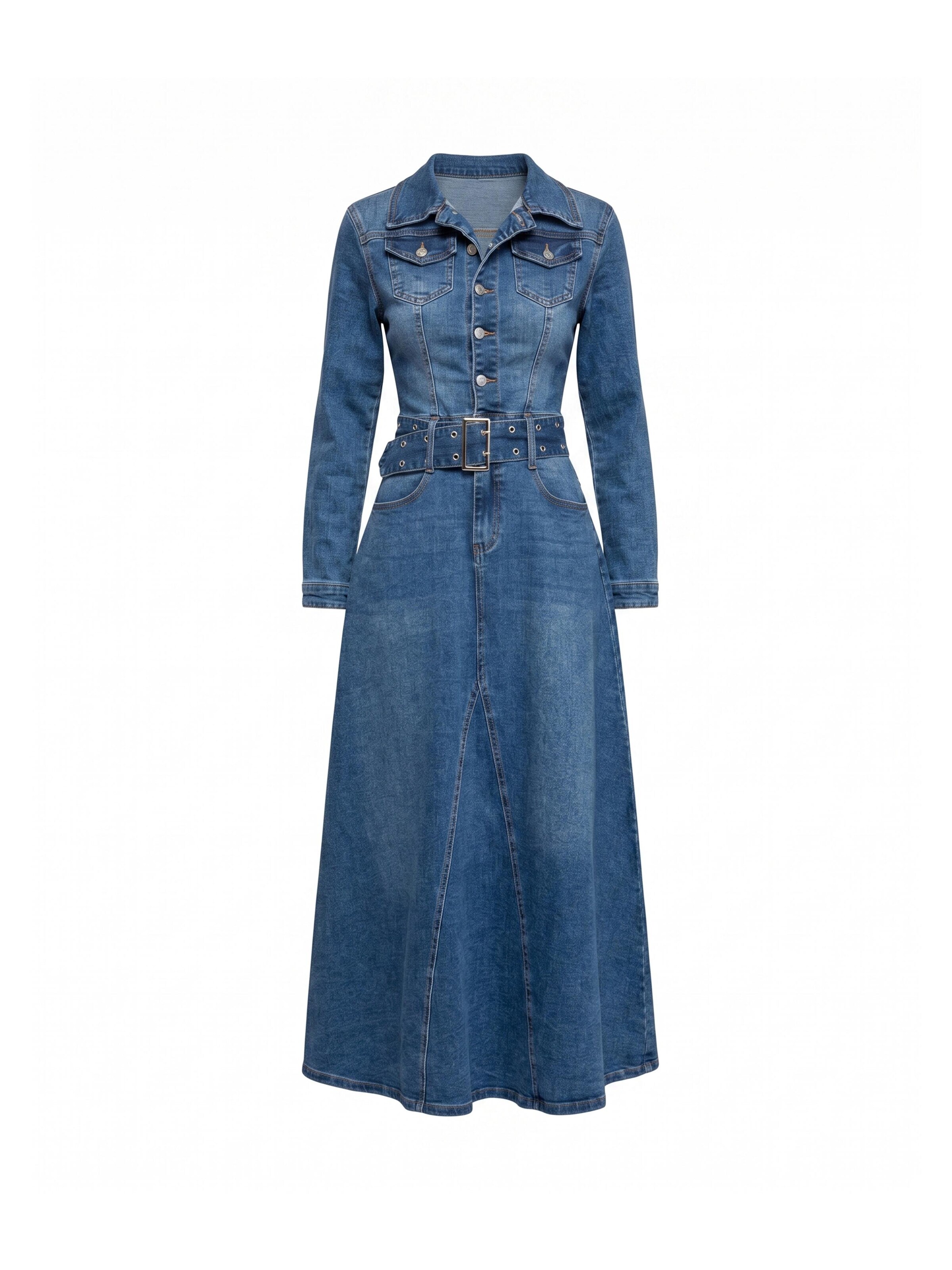 Tantra Jurk 'Vestido denim midi corte tipo A, con bolsillos, y cinturón extraible con presillas' in Blauw: voorkant