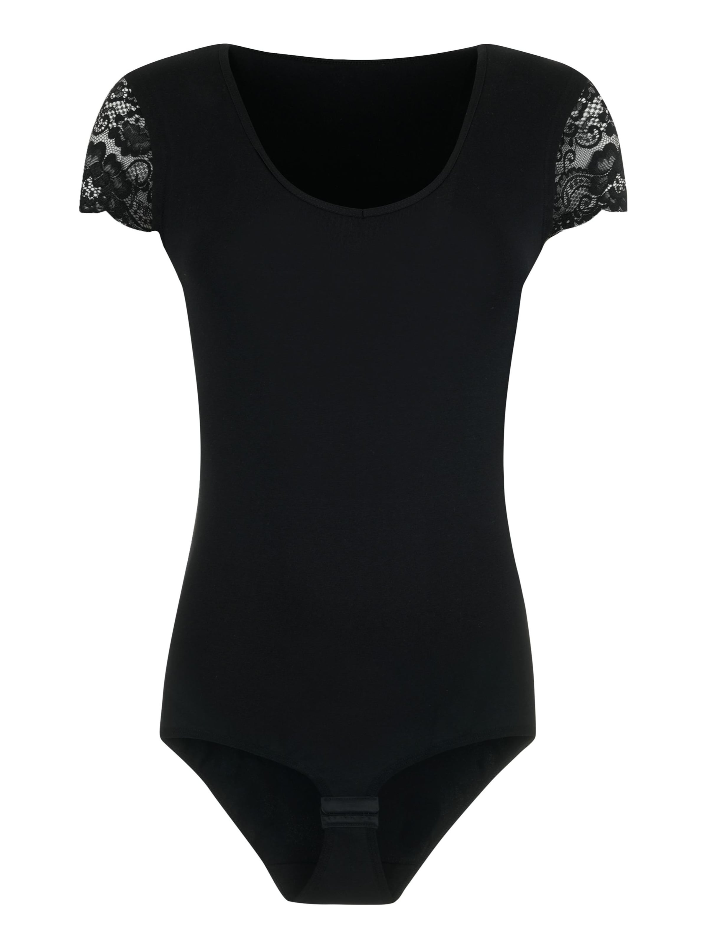 Evoni Bodysuit 'Kurzarmbody mit Spitzenärmeln' in Black: front