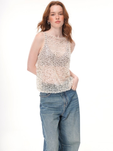 Camicia da donna 'All Over Sequin Rhinestone Mesh Sleeveless Top, Crew Neck Sheer Loose Fit Beaded Vest' di yoligex in bianco