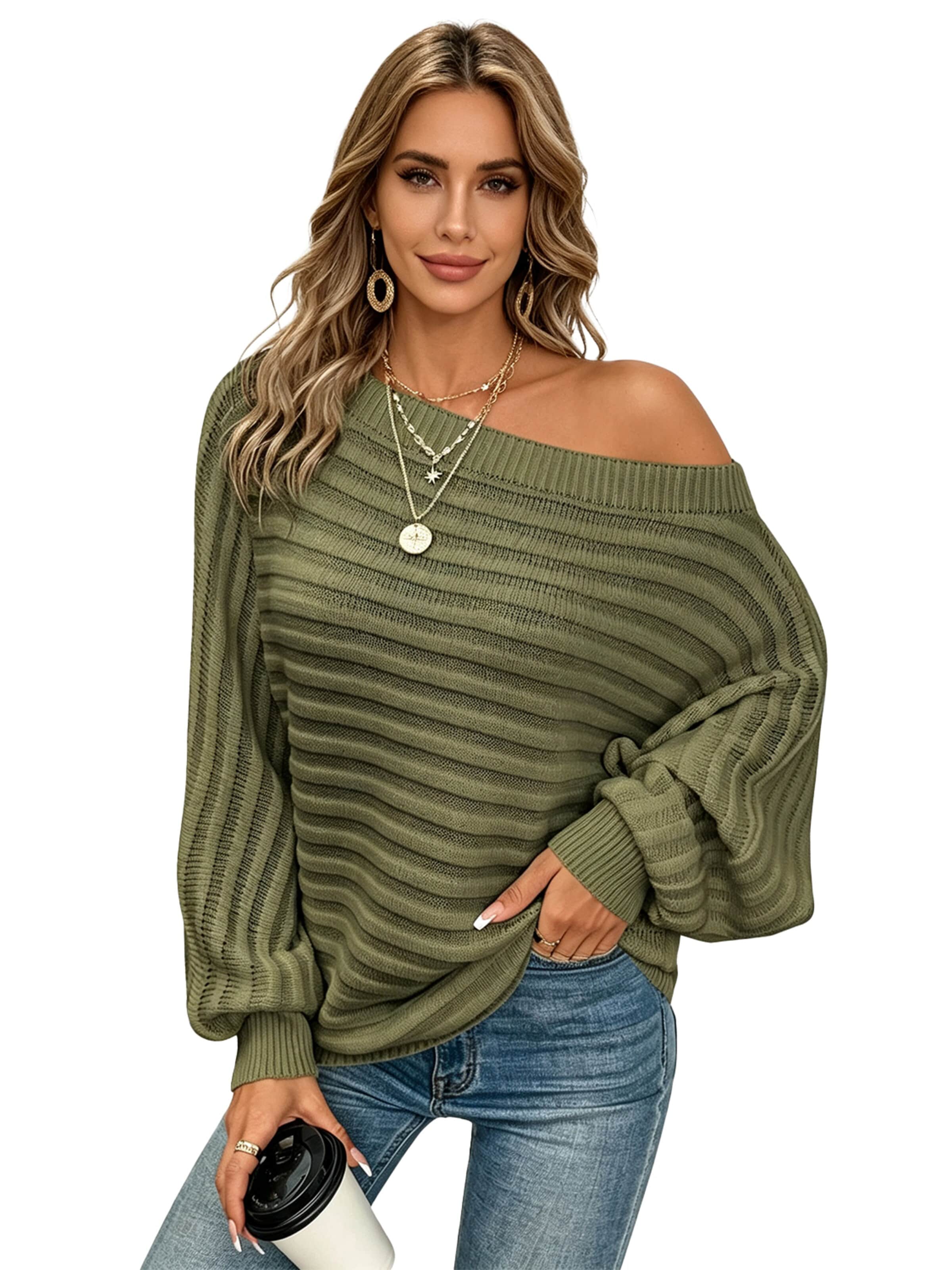 KoJooin Sweter 'Damen Strukturiertes Rippstrick Pullover Carmenausschnitt und Fledermausärmeln Oversize-Strickpulli' w kolorze zielony
