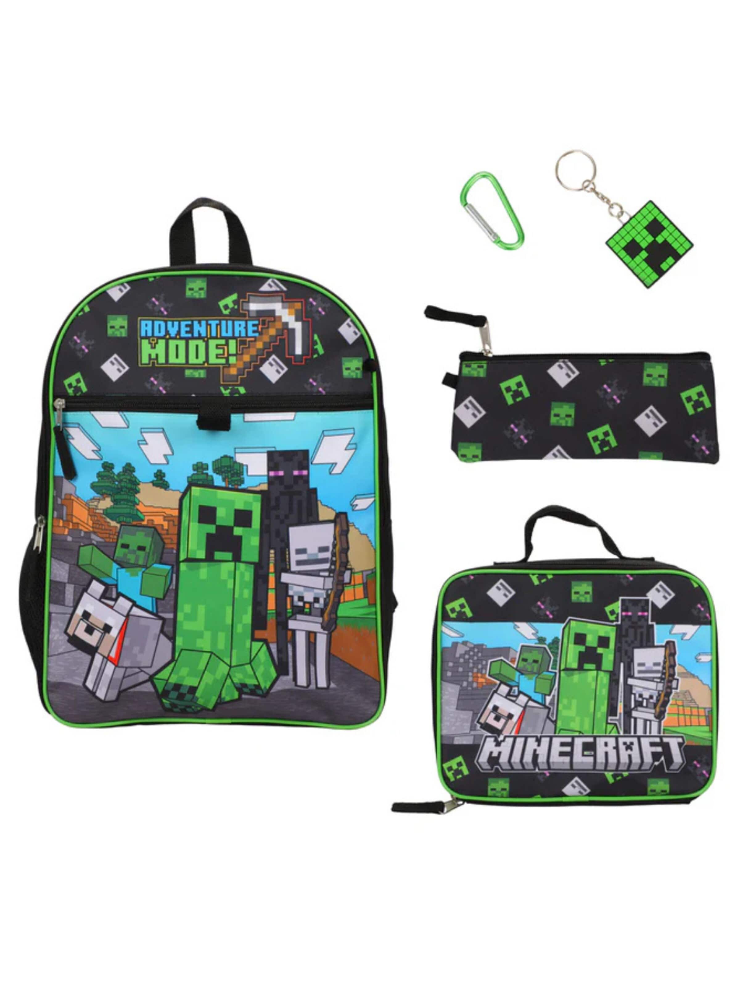Minecraft Rugzak 'Minecraft Backpack Kids Set – Creeper – Black/Green – School Bag with Lunchbox, Pencil Case & Keychain' in Groen